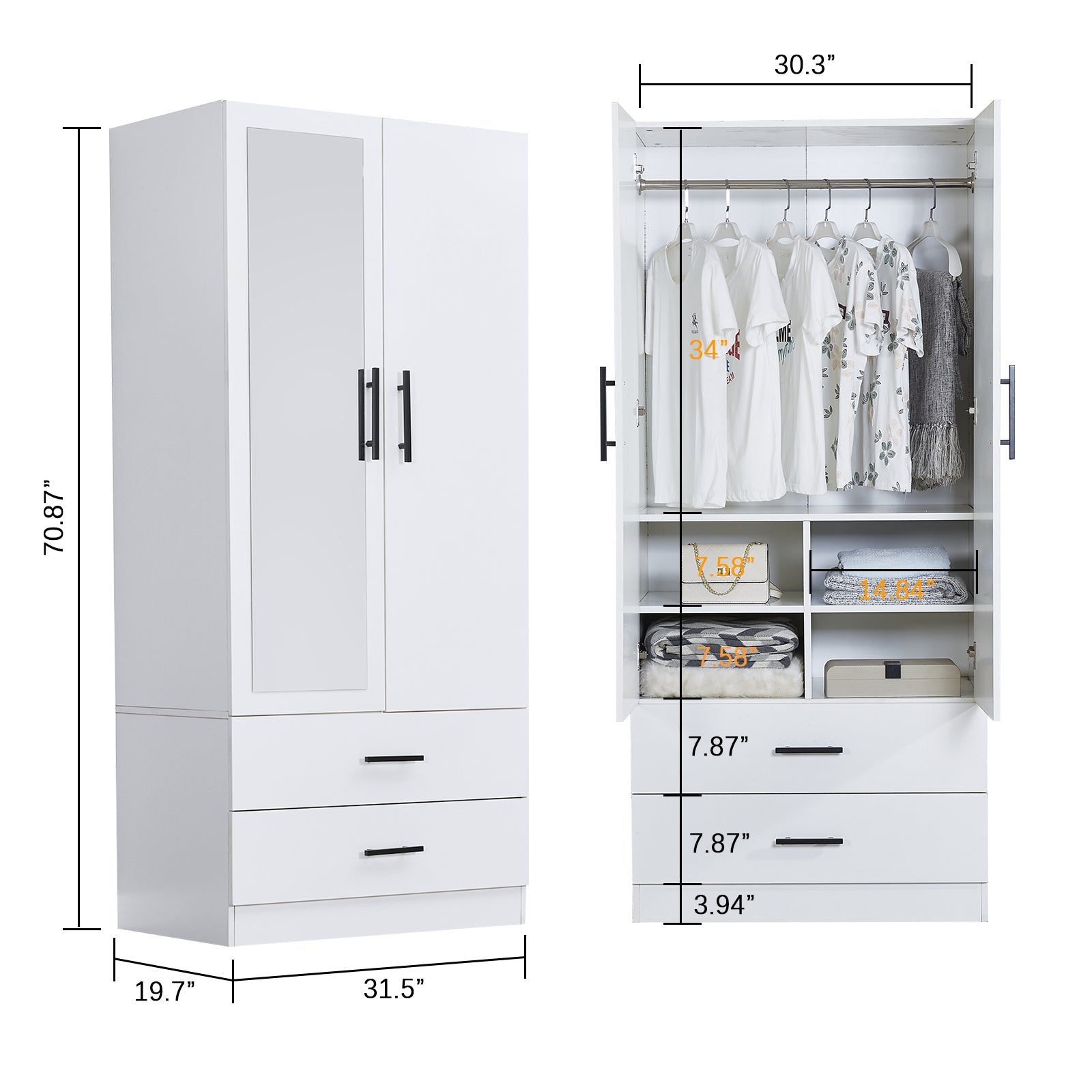 Modern White Wooden Armoire with Mirror Doors & Drawers - Spacious 2-Door Wardrobe for Bedroom Storage, Perfect for Christmas, Thanksgiving, Halloween