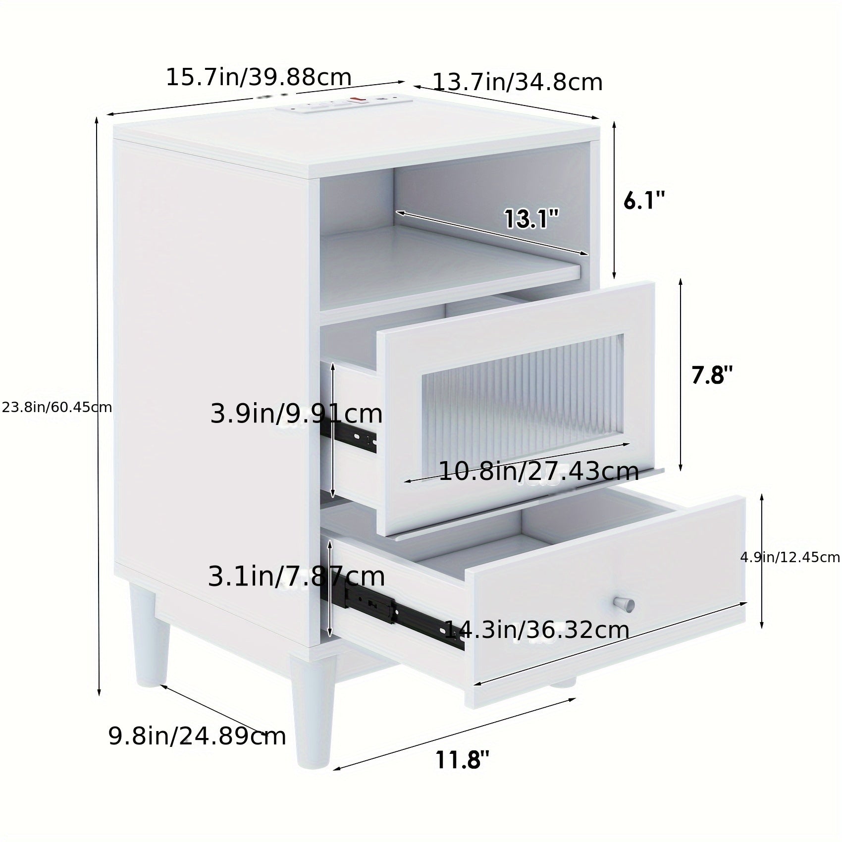 Nightstand with Charging Station, End Table with Glass Drawers, Night Stand with LED Lights, Wood Bedside Tables for Bedroom, 15.7"×13.7"×23.8"