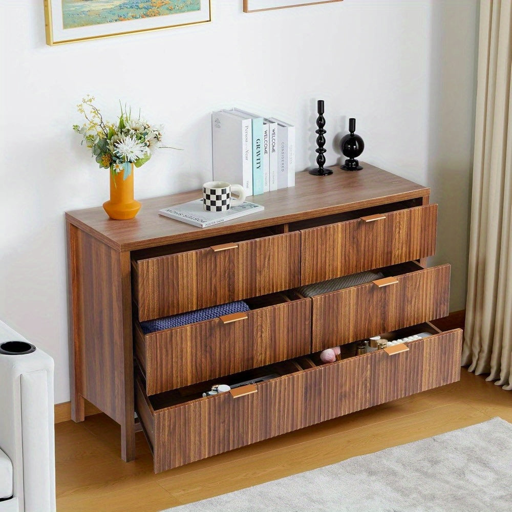 1pc Contemporary Walnut Finish Double Dresser with 6 Fluted Drawers - Hardwood and Metal Construction, Wooden Storage Organizer for Bedroom, Living Room, Hallway - Independent, No Electricity Needed