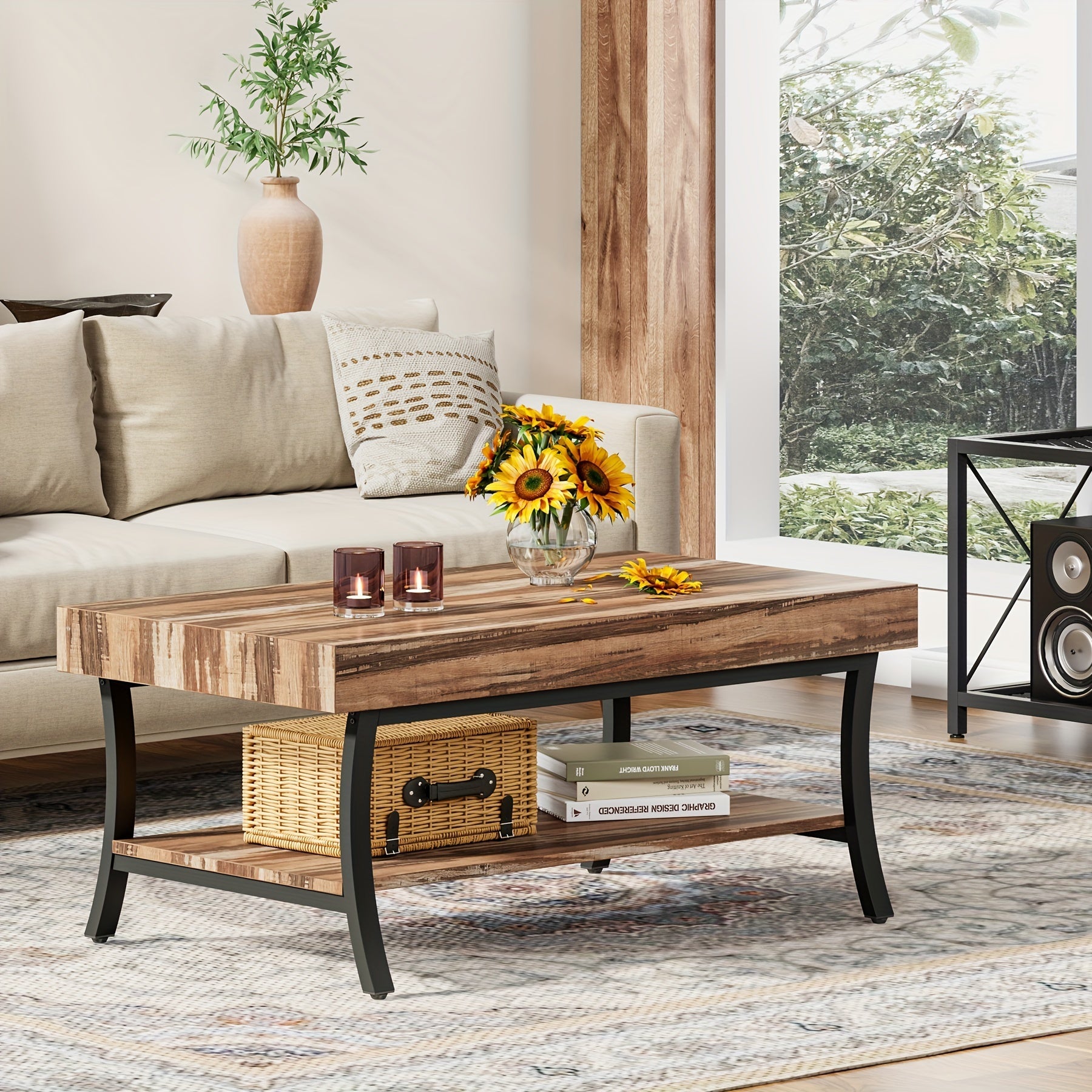 Charming Farmhouse Coffee Table With Storage, 2-Tier Rustic Industrial Design, Wooden Low Rectangle Table Ideal For Cocktails Or Tea, Perfect Centerpiece For Your Living Room