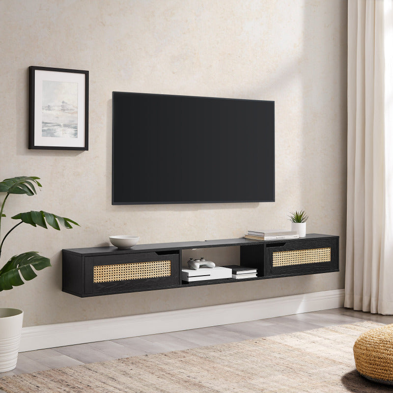 1pc Modern Black Floating TV Stand with Rattan Doors, Fits Up to 80 Inch TVs, Contemporary Home Entertainment Center, Wall Mounted Media Console