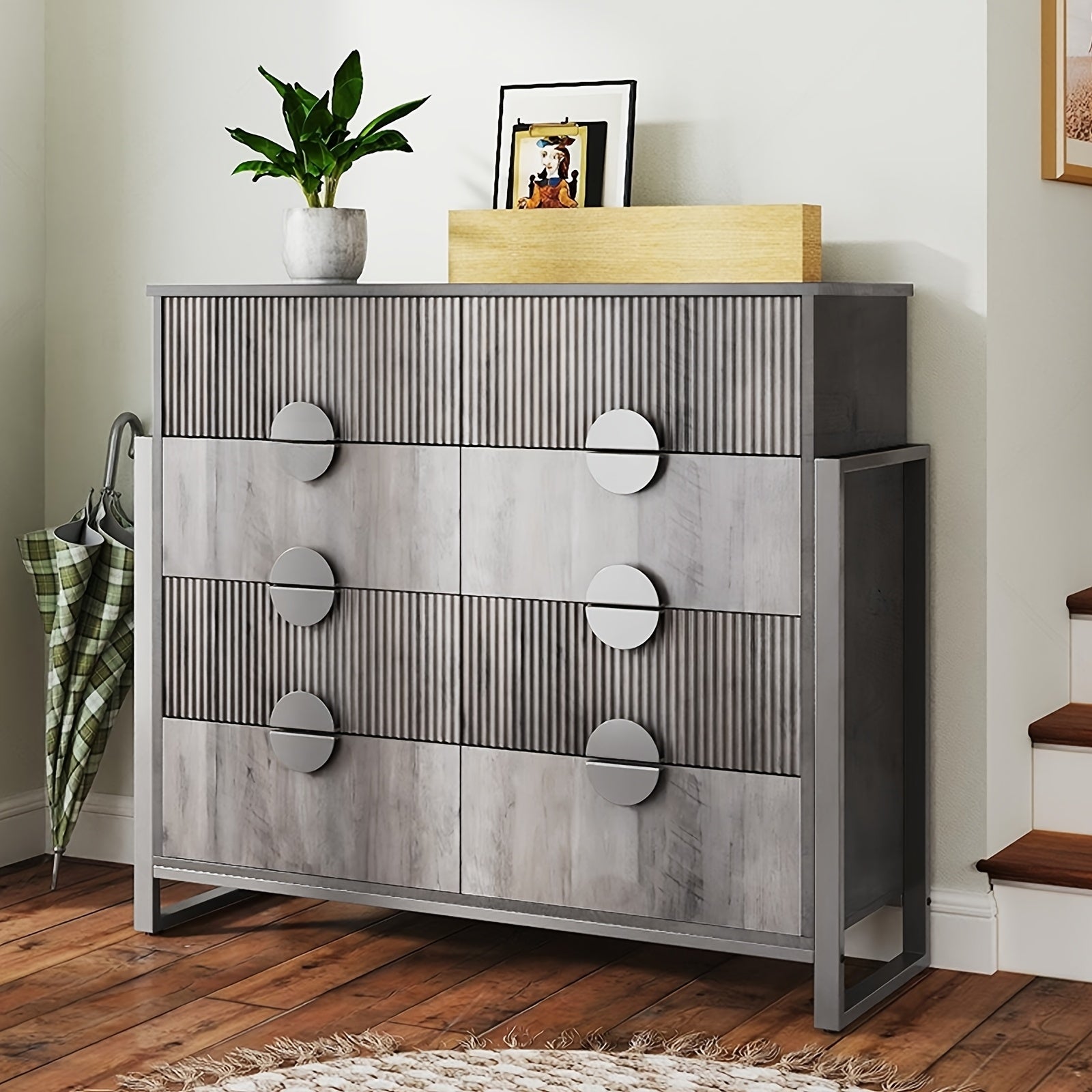 Modern Fluted 8-Drawer Dresser with Metal H Legs and Large Handles, 49.6 Inch Long TV Stand, Grey - Ideal for Bedroom, Living Room, Hallway, Dresser for Bedroom