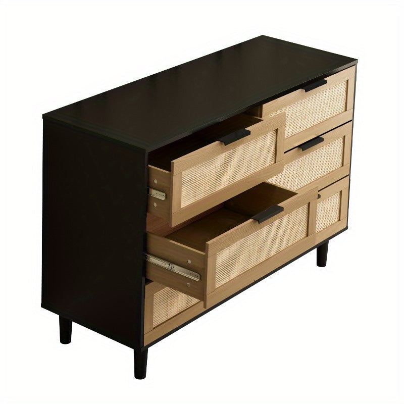 Black Rattan 6 Drawer Dresser Ideal for Bedroom Living Room