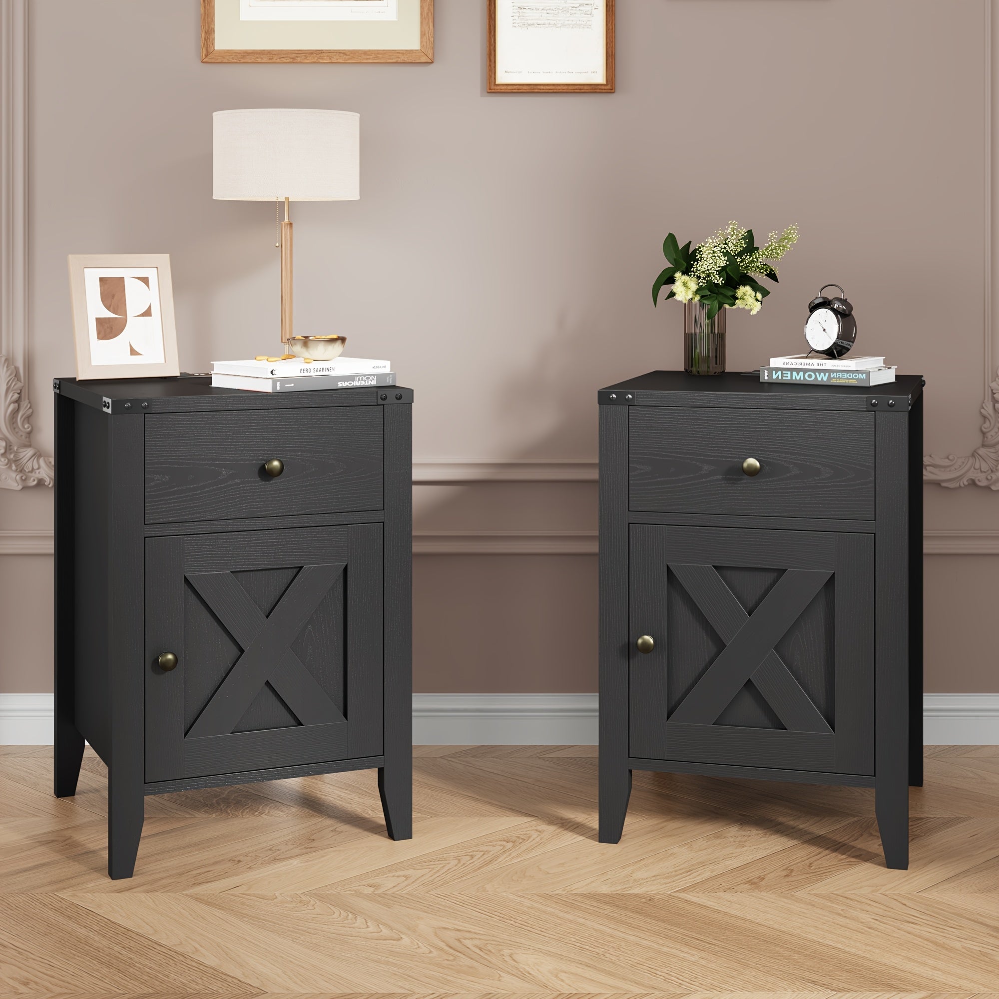 Bedroom 2pcs Set Bedside Table, Country Style Side Table with Large Drawer and Storage Cabinet