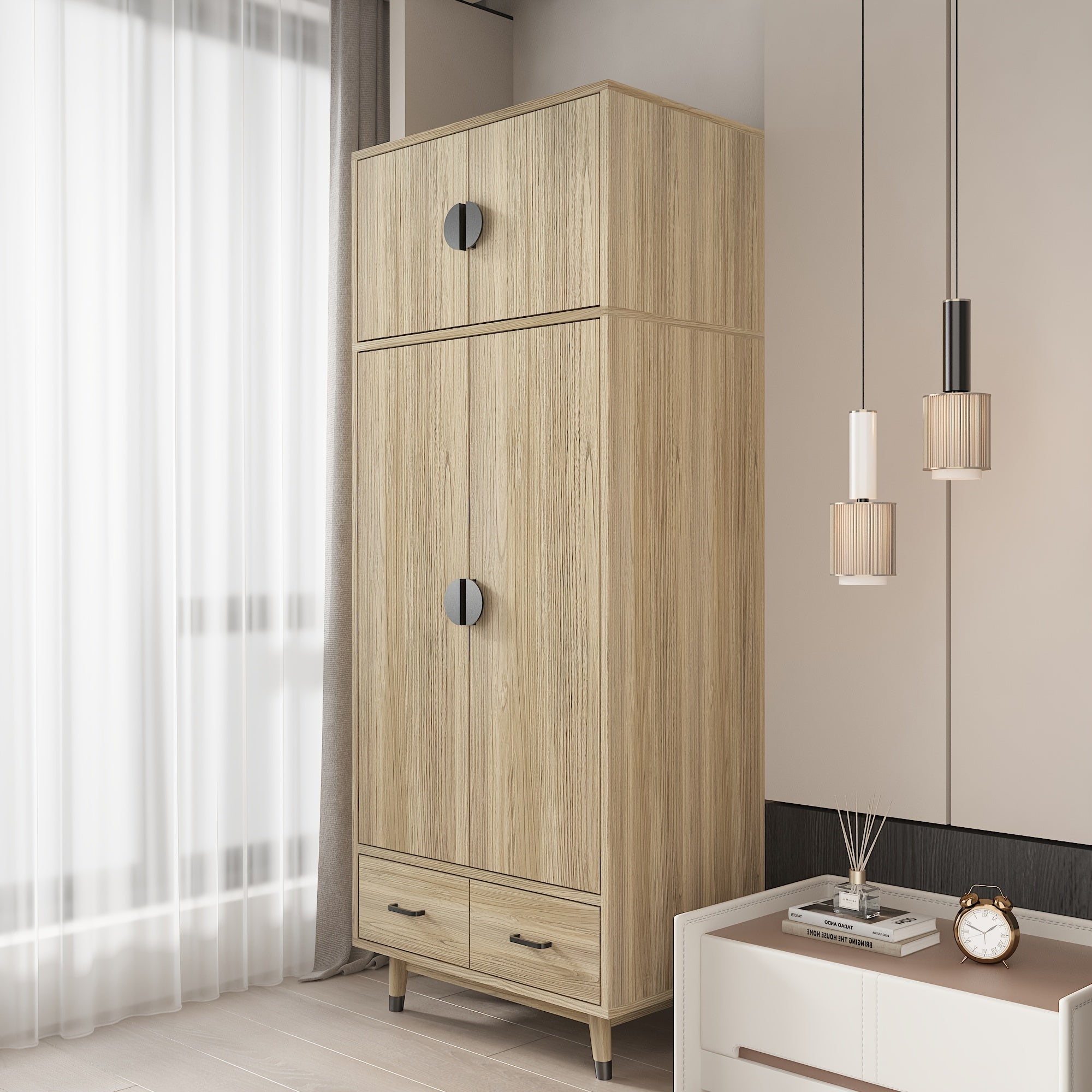 Large Armoire Wardrobe Bedroom Closet With 4 Doors, 2 Drawers, Removable Hanging Rod And Adjustable Shelves For Bedroom