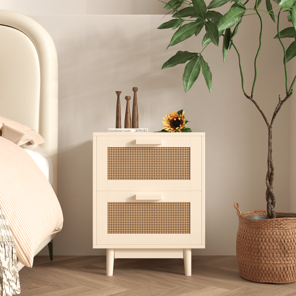 Rattan Nightstand Wood End Table Side Table with 2 Faux Rattan-Decorated Drawers Bedside Table Wood Accent Table