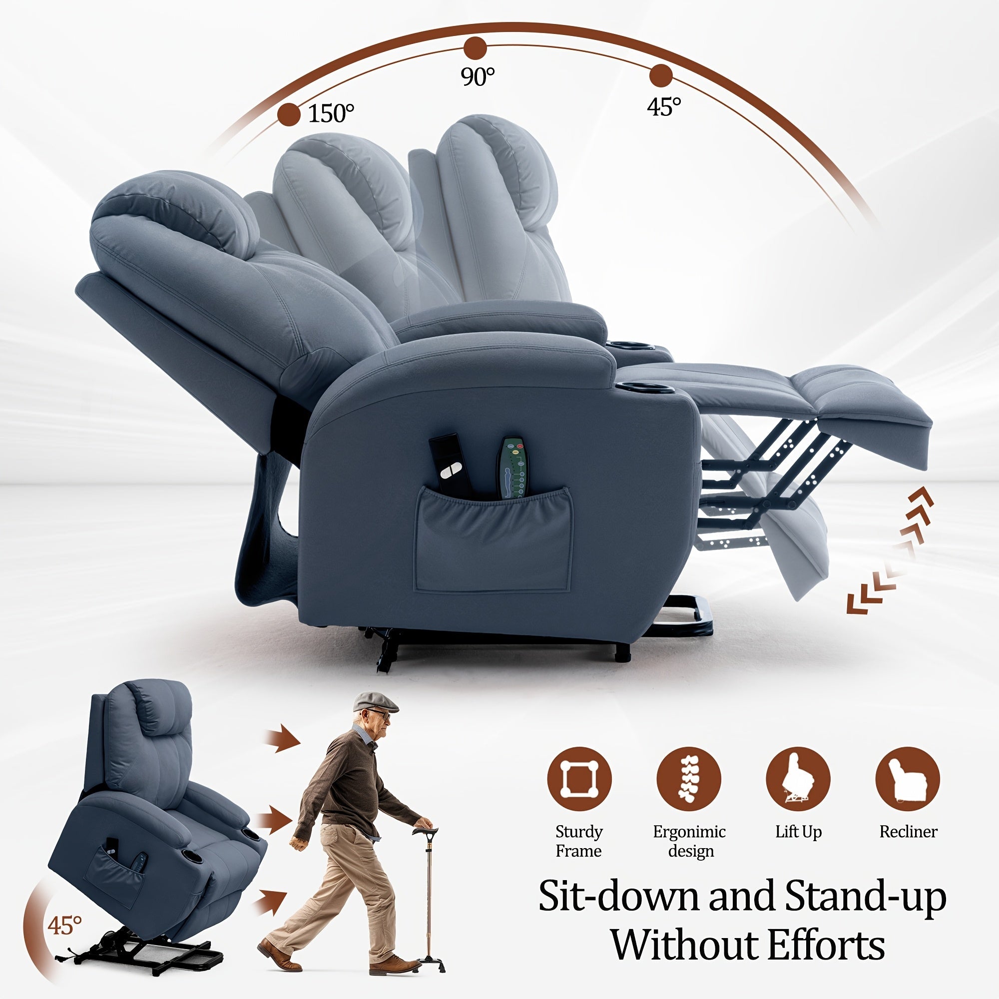 Fabric Power Lift Recliner Chair For Elderly And Adults, Electric Recliner With Massage And Heating, Recliner Chair With Remote Control And Cup Holder