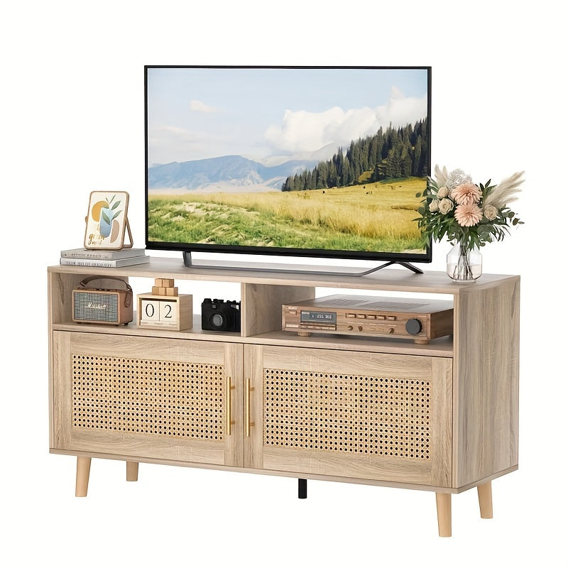 Rattan TV Stand for TVs up to 55", Entertainment Center with Adjustable Shelves, Rattan TV Console with 2 Cabinets, Media Console, for Living Room - Natural Oak