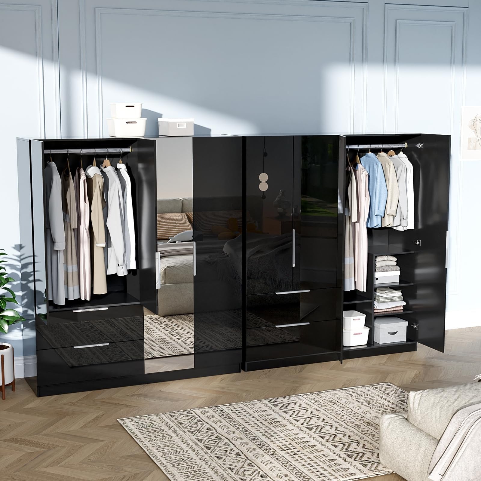 72.8" H Wardrobe Closet with Mirror, High Gloss 4 Door Armoire with 2 Drawers, Wardrobe Cabinet with Hanging Rod & Shelves, Modern Black Freestanding Armoire Wardrobe Closet for Bedroom