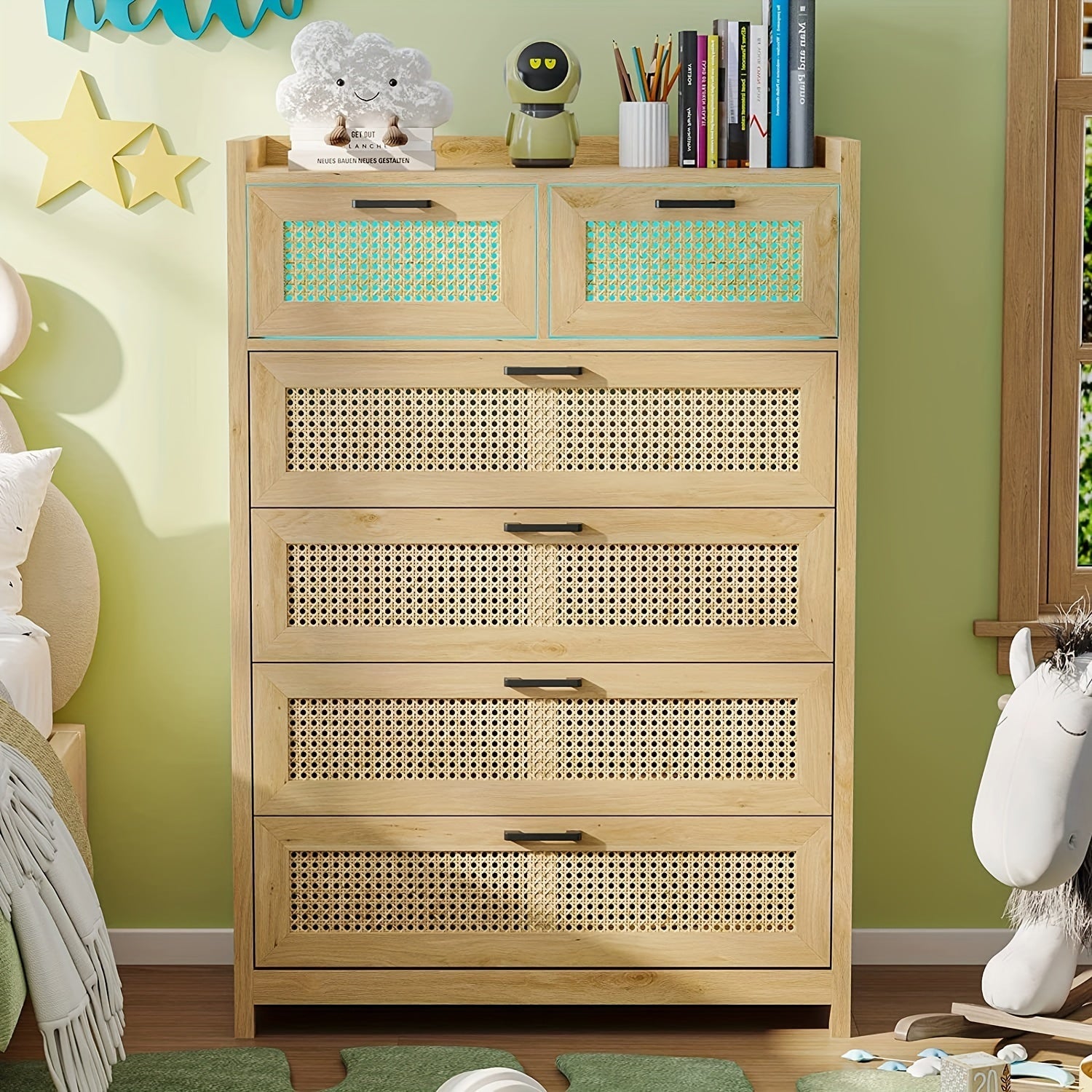 Rattan Dresser With LED Lights For Bedroom 6 Drawer Dresser Chest Of Drawers For Bedroom, Living Room, Hallway