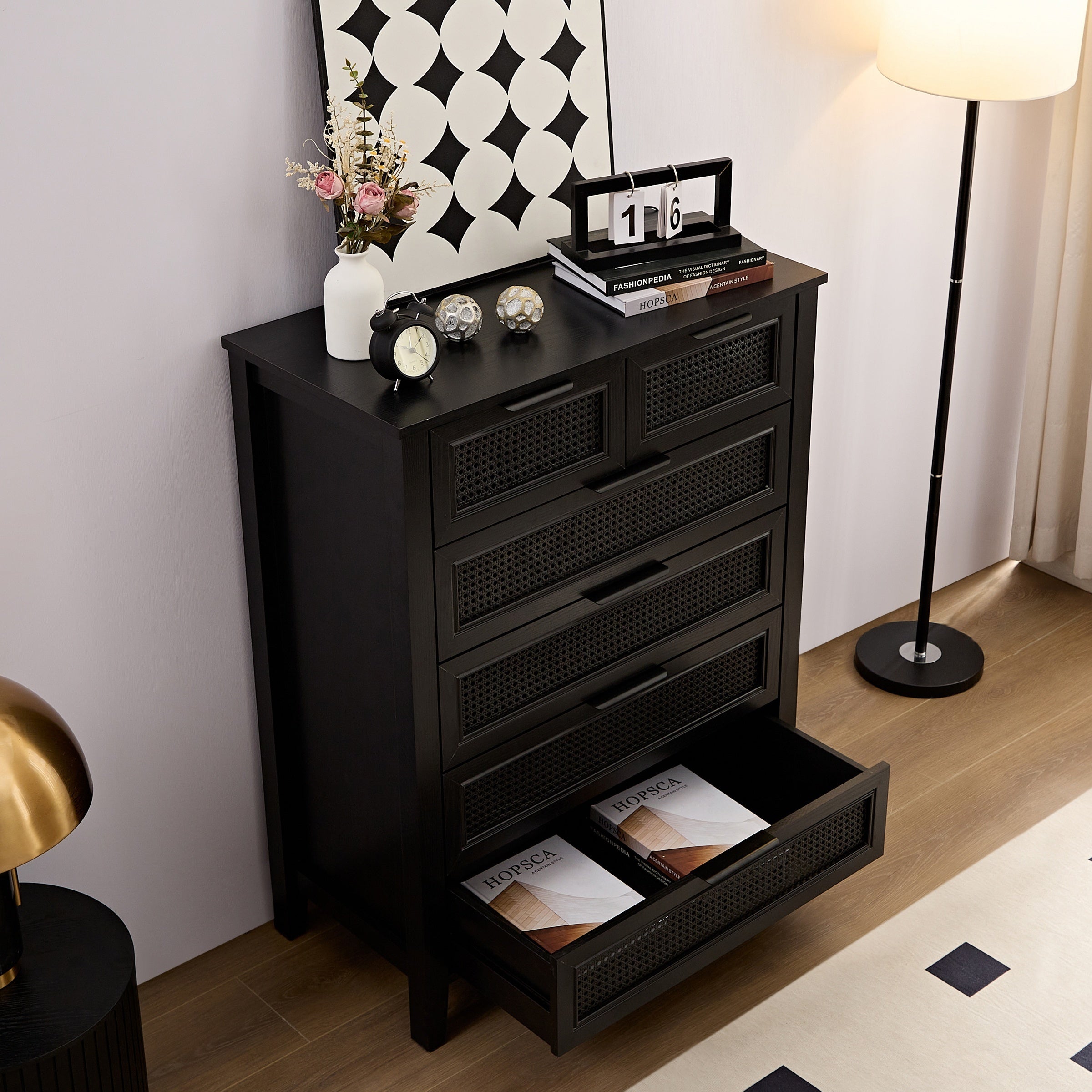 Black Dresser 6 Chests of Drawers for Bedroom Tall Dresser Black Rattan Drawer Dresser Modern 6 Drawer Dresser