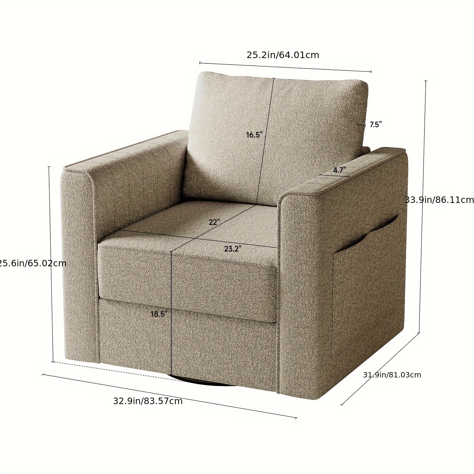 Swivel Accent Chair, Modern Linen Arm Chair Single Sofa Chair, Reading Chair W/Side Pocket & Storage, 23.2" Width Comfy Seat Cushion, Oversized Armchair For Living Room, Office