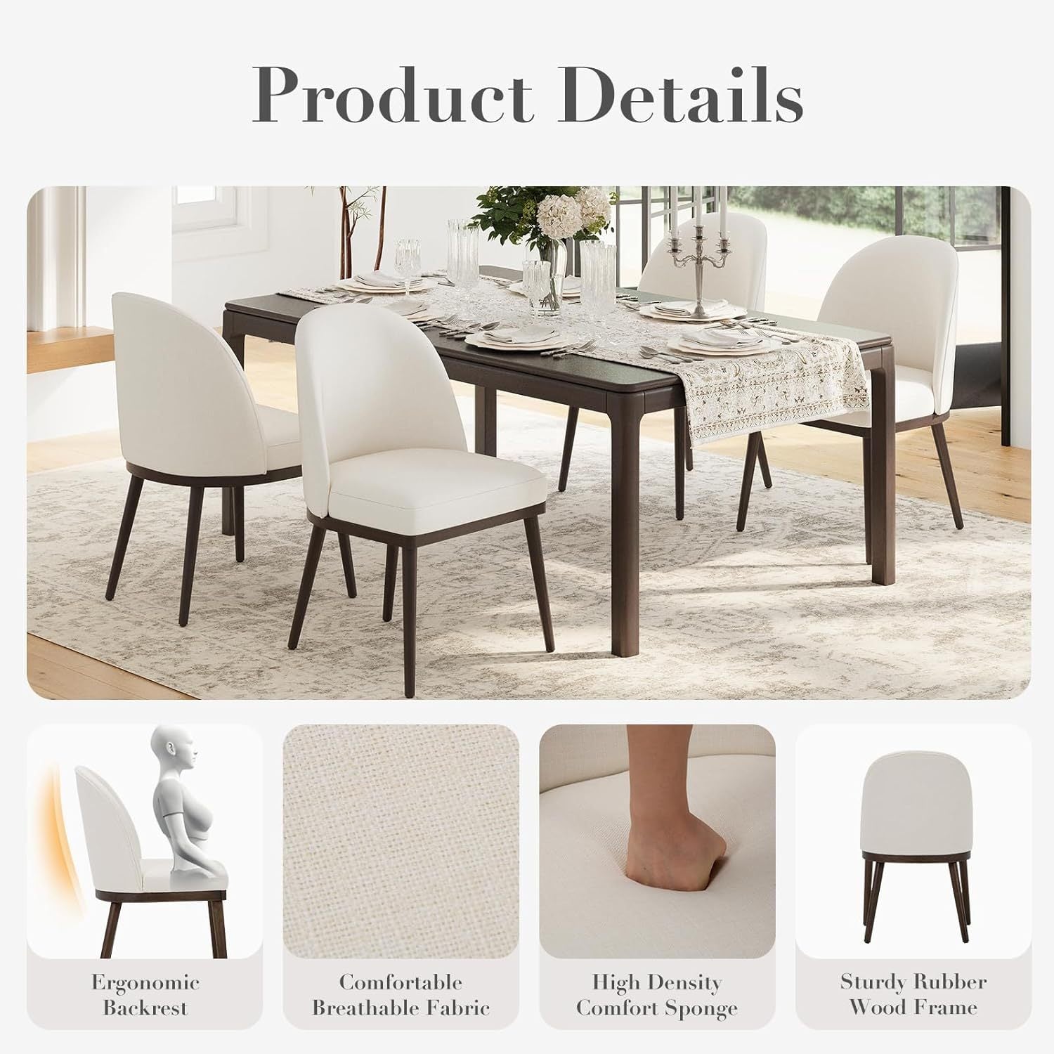 Classic Upholstered Dining Chairs Set of 2, Ergonomic Kitchen Chairs with Durable Rubberwood Frame and Anti-Slip Protectors, Curved Backrest Modern Fabric Dinner Chairs for Hard Floors