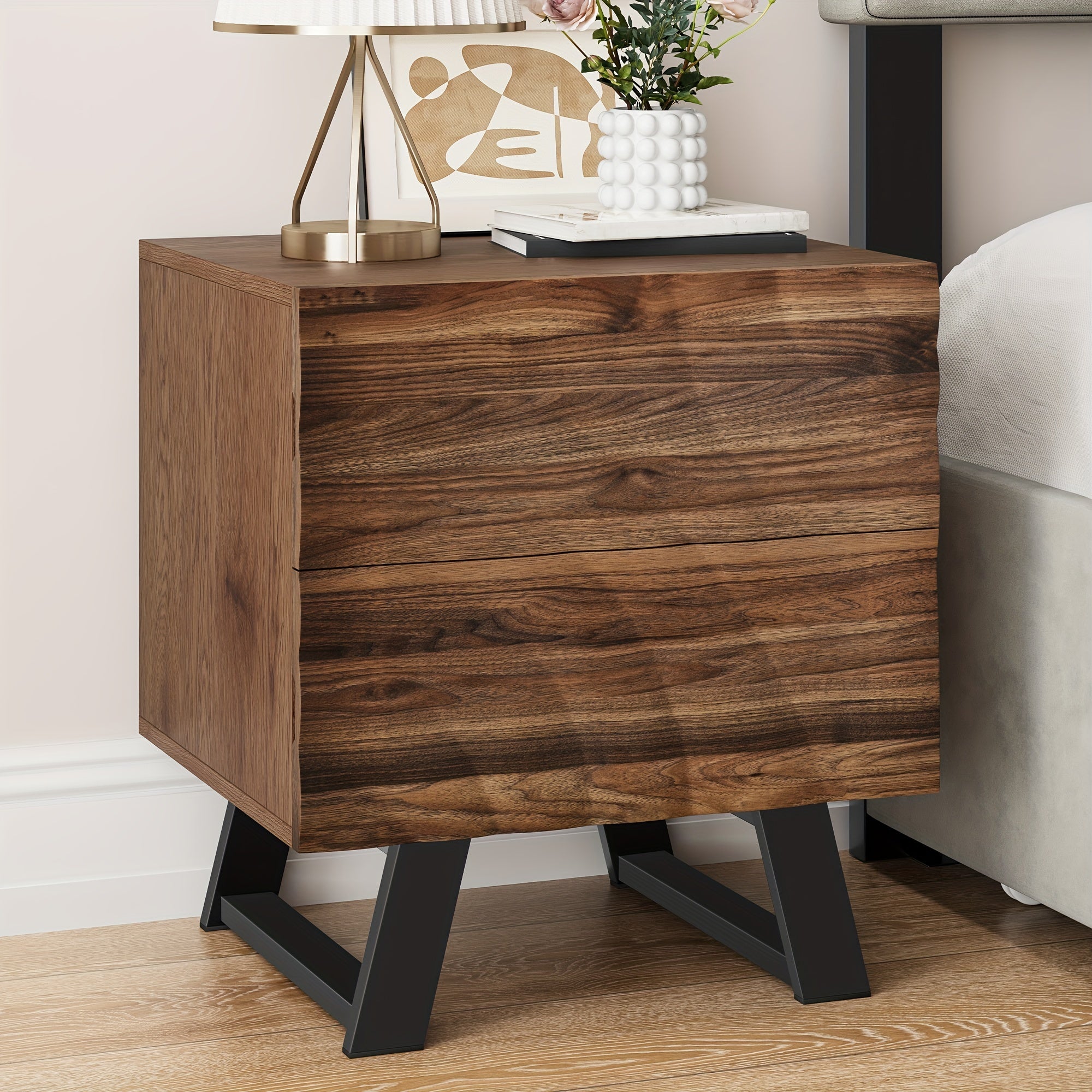 Natural Nightstand Unique Wood Bedside Table Bedroom Organizer with 2 Drawers