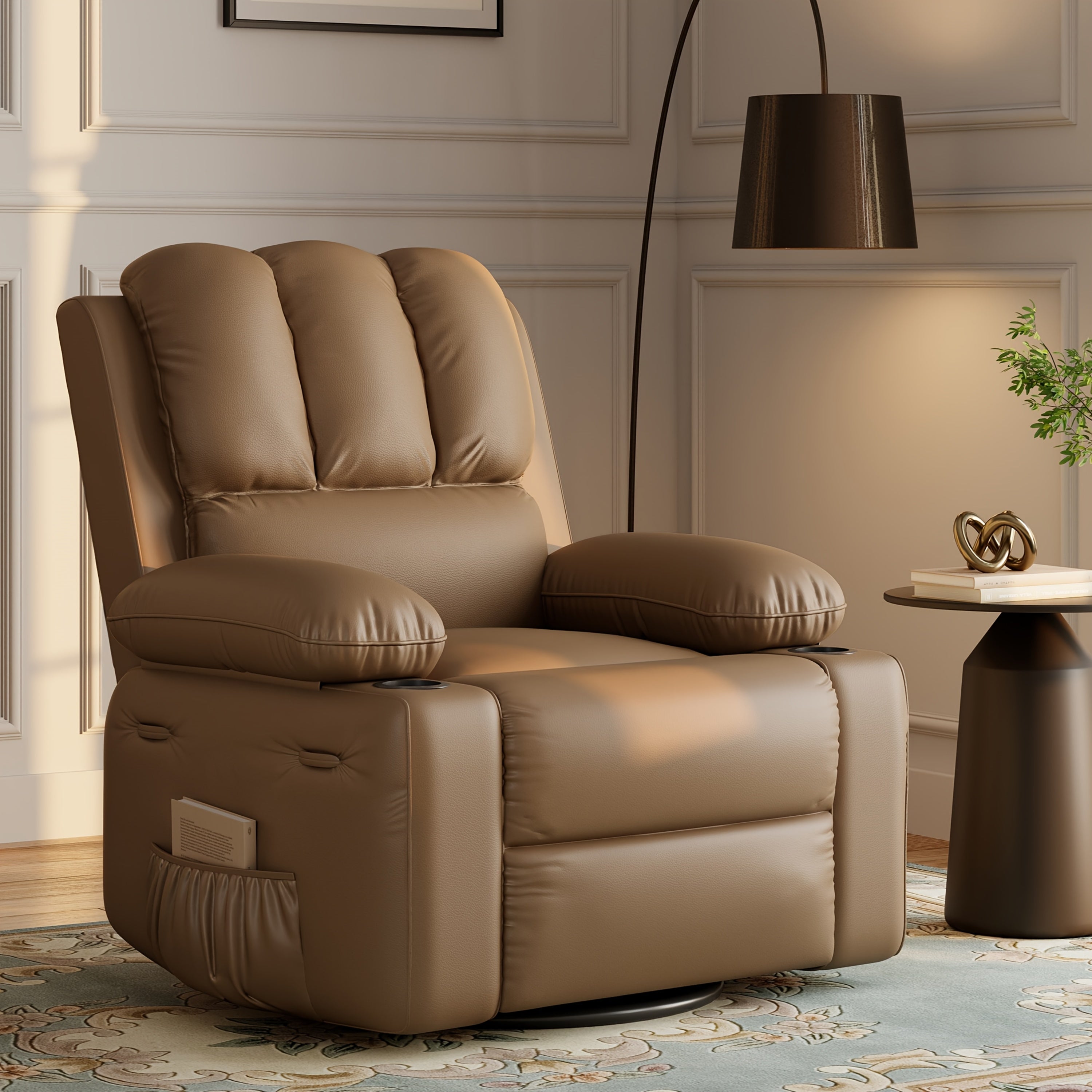 22'' Vintage Faux Leather Swivel Recliner Chair with 360° Rocking, Side Pockets & Cup Holders - Perfect for Living Room Comfort