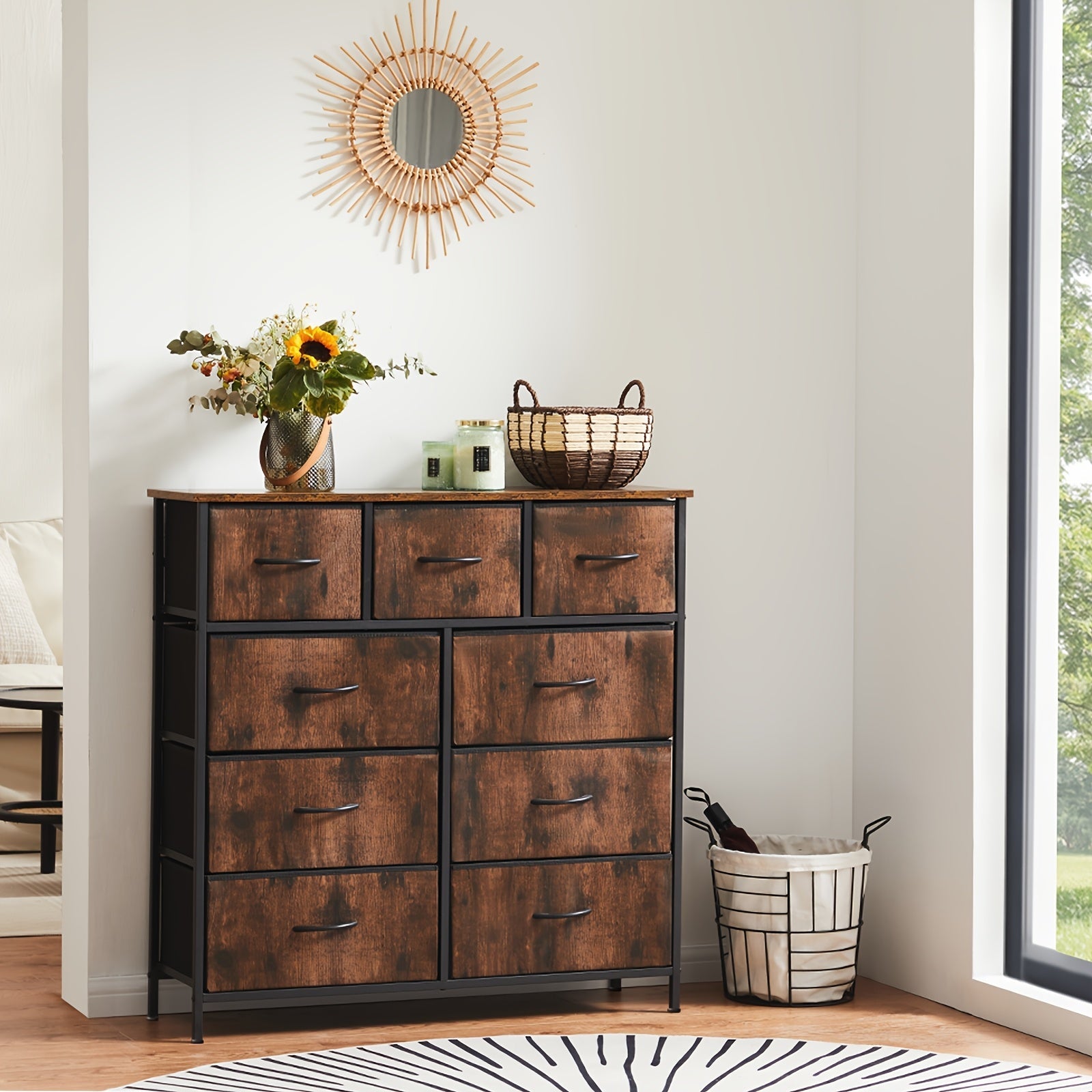 Dresser Tall Dresser for Bedroom Drawer Dresser Organizer Storage Drawers with 9 Drawers Chest of Drawers with Fabric