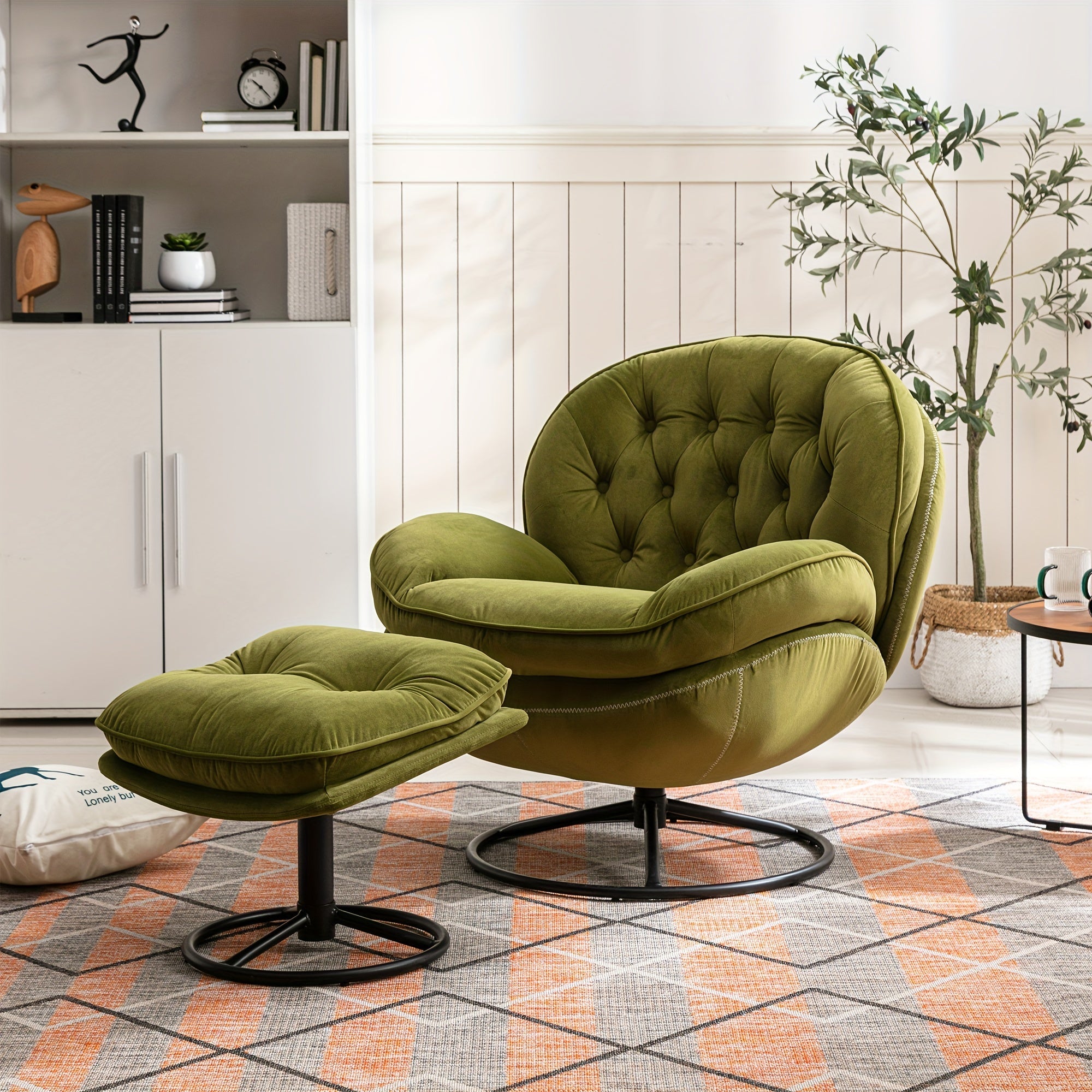 Luxurious Fruit Green Velvet Swivel Accent Chair & Ottoman Set - Modern Tufted Armchair with Footrest, 360° Swivel, Metal Frame, for Living Room or Bedroom Comfort, Bedroom Seating|Stylish Ottoman Set|Metal Frame Chair