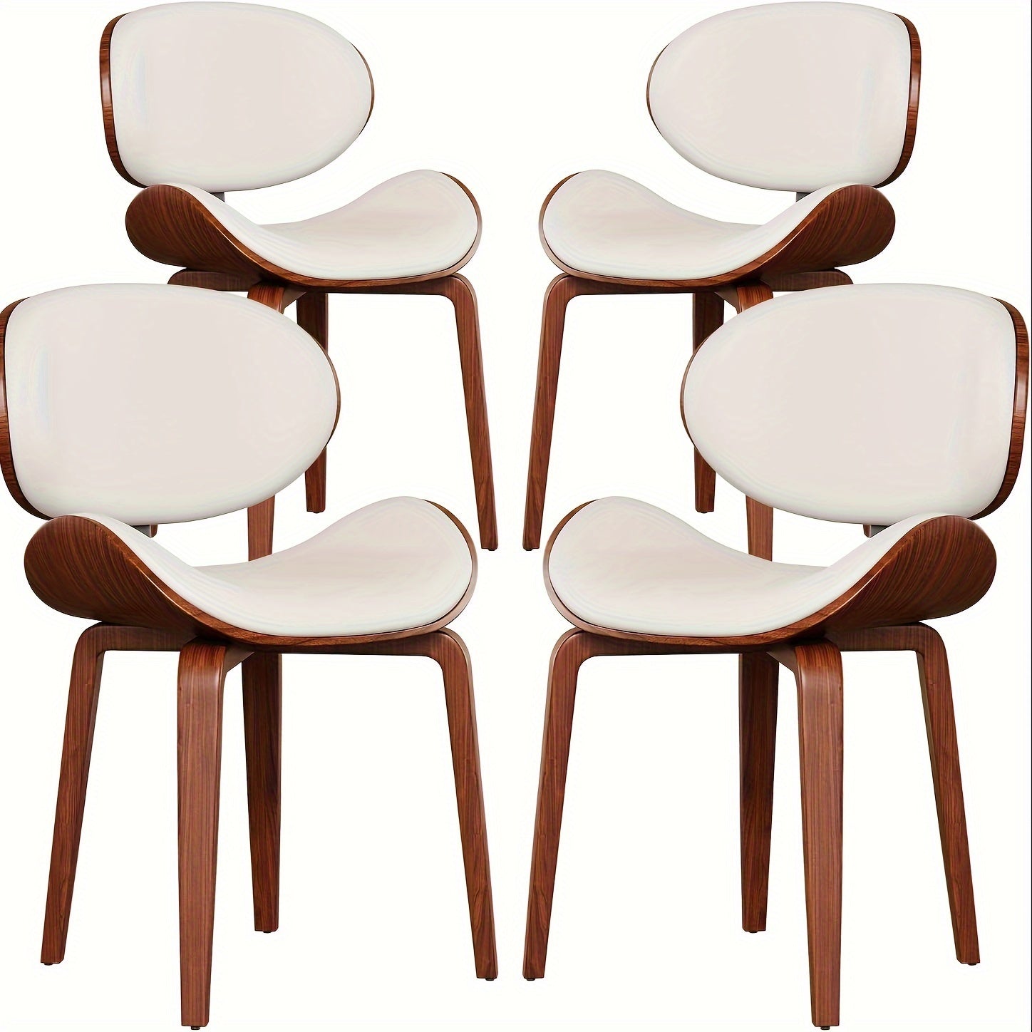 Set Of 4 Mid-Century Modern Dining Chairs Faux Leather Seats With Walnut Bentwood Backs And Adjustable Solid Wood Legs