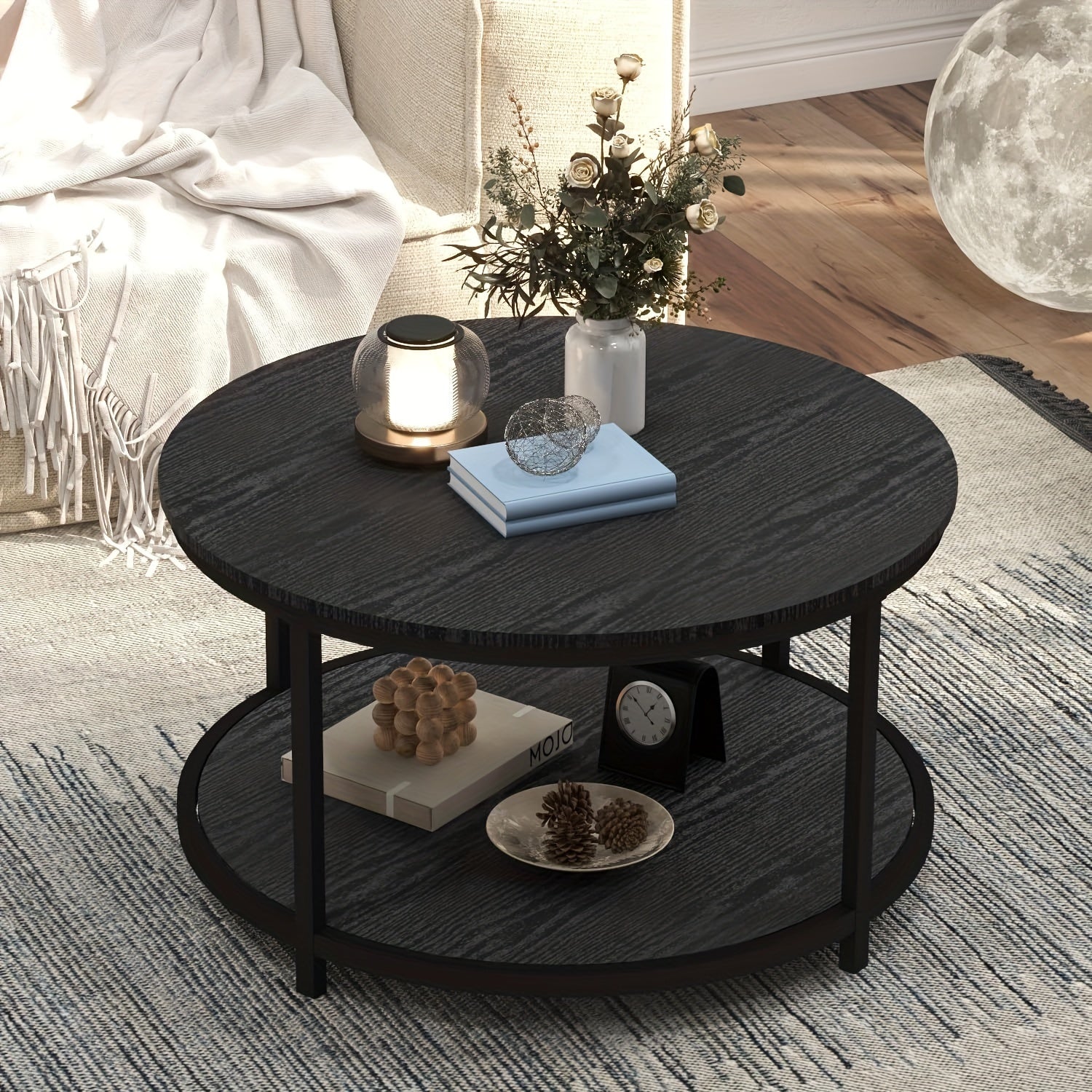 Round Coffee Table, 33.5" Coffee Table For Living Room With 2-Tier Storage Shelf, Modern Wood Desktop Open Storage Compartment For Bedroom Home Office (Black)