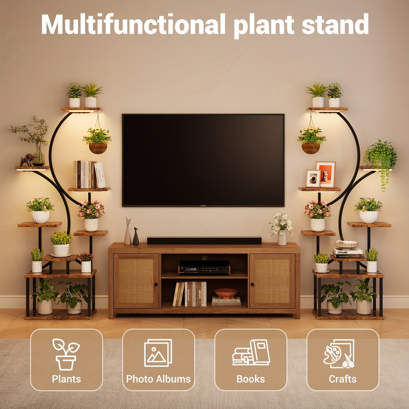 8-Tier Metal Plant Stand with Grow Lights, 62" Tall S-Shaped Indoor Plant Shelf, Multi-Level Display for Living Room Decor, Classic Brown Black Finish, Grow Light Stand | Classic Sshaped Design | Wooden Shelf Finish, Artifici