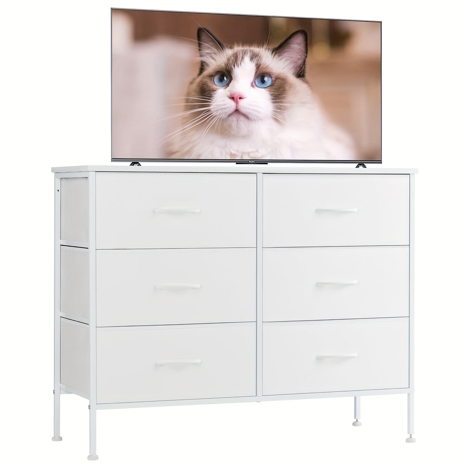 1pc/2pcs 6-Drawer Fabric Storage Tower Dresser Wooden Top TV Stand For 114cm Screen Chest Of Drawers With Fabric Bins