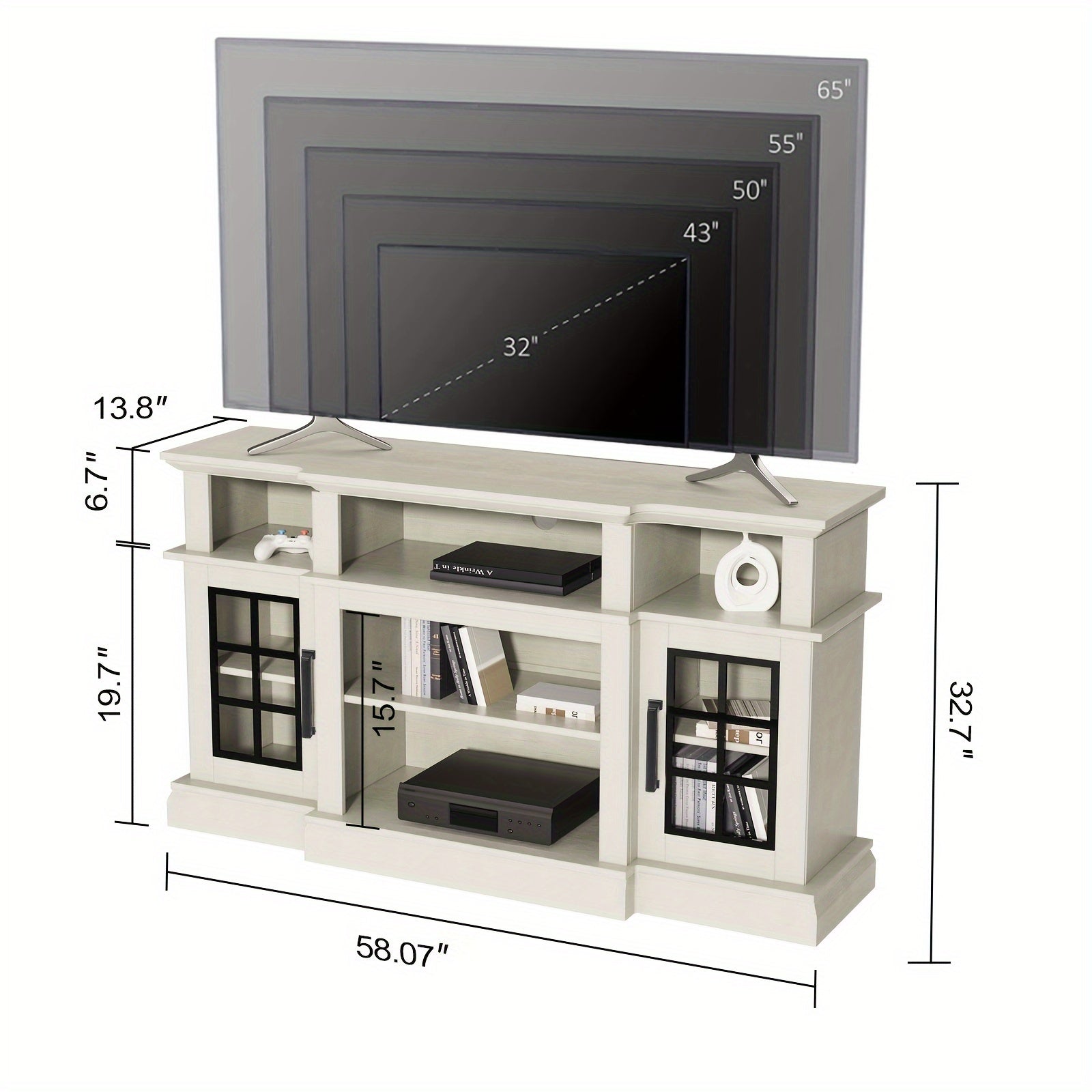 Antique White TV Stand for 65 Inch TV, Modern TV Stand with Glass Door, Farmhouse Entertainment Center for Bedroom, Tall Media Console Table with Classic Breakfront Design