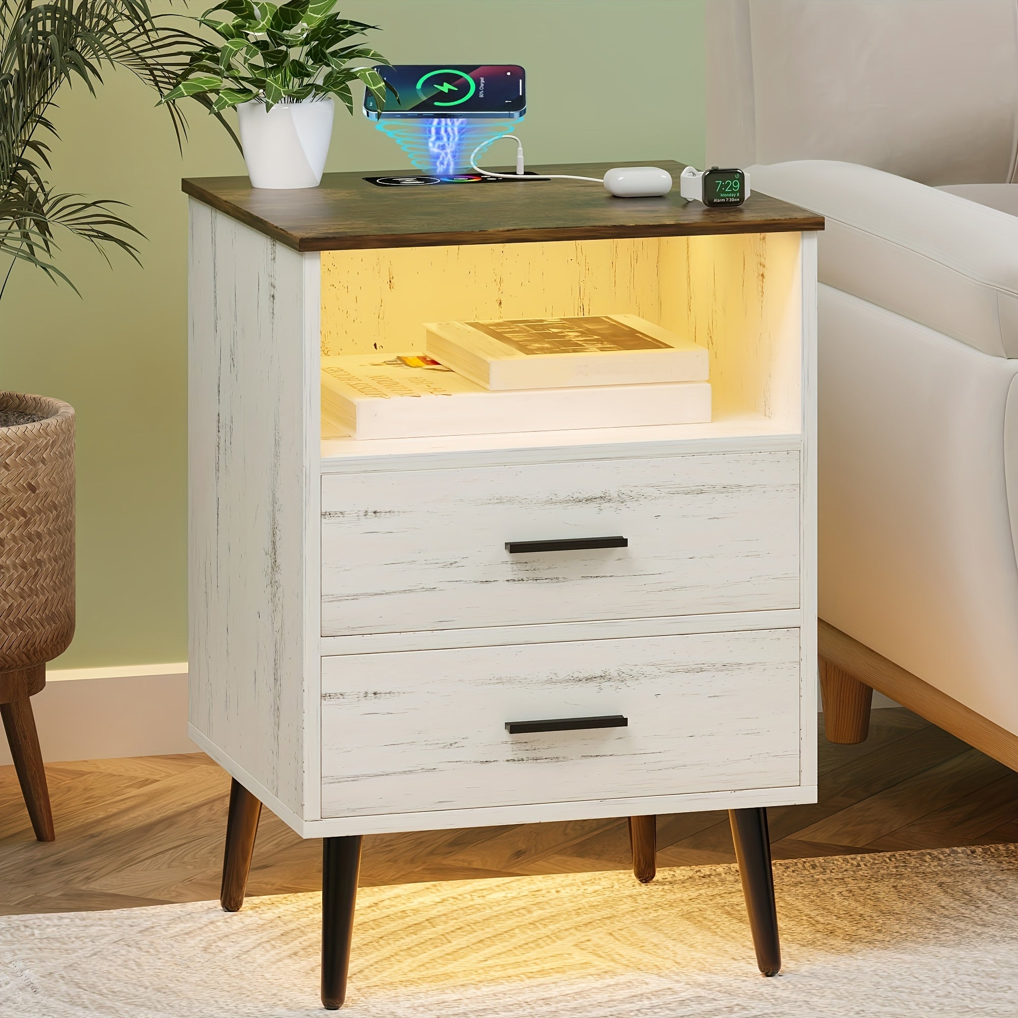 White Nightstand With Charging Station And LED Lights, Smart Night Stand Wood With 2 Drawers And Open Storage, Bedside Table, End Table For Bedroom Living Room