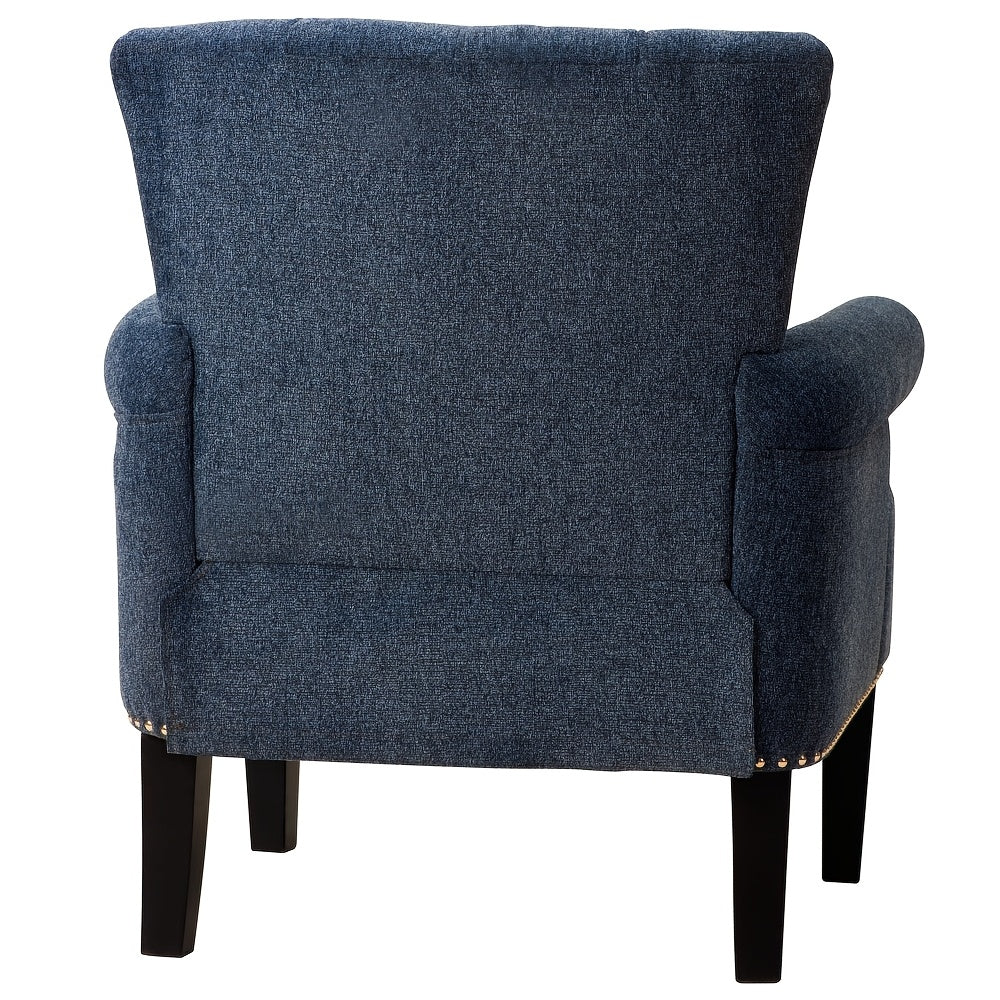 1pc Navy Blue Tufted Accent Armchair - Solid Wood Frame, Polyester Upholstery, Foam Padding, Rivet-Trimmed, Non-Adjustable, Dry Clean Only, Ideal for Hard Floors - Stylish Comfortable Chair