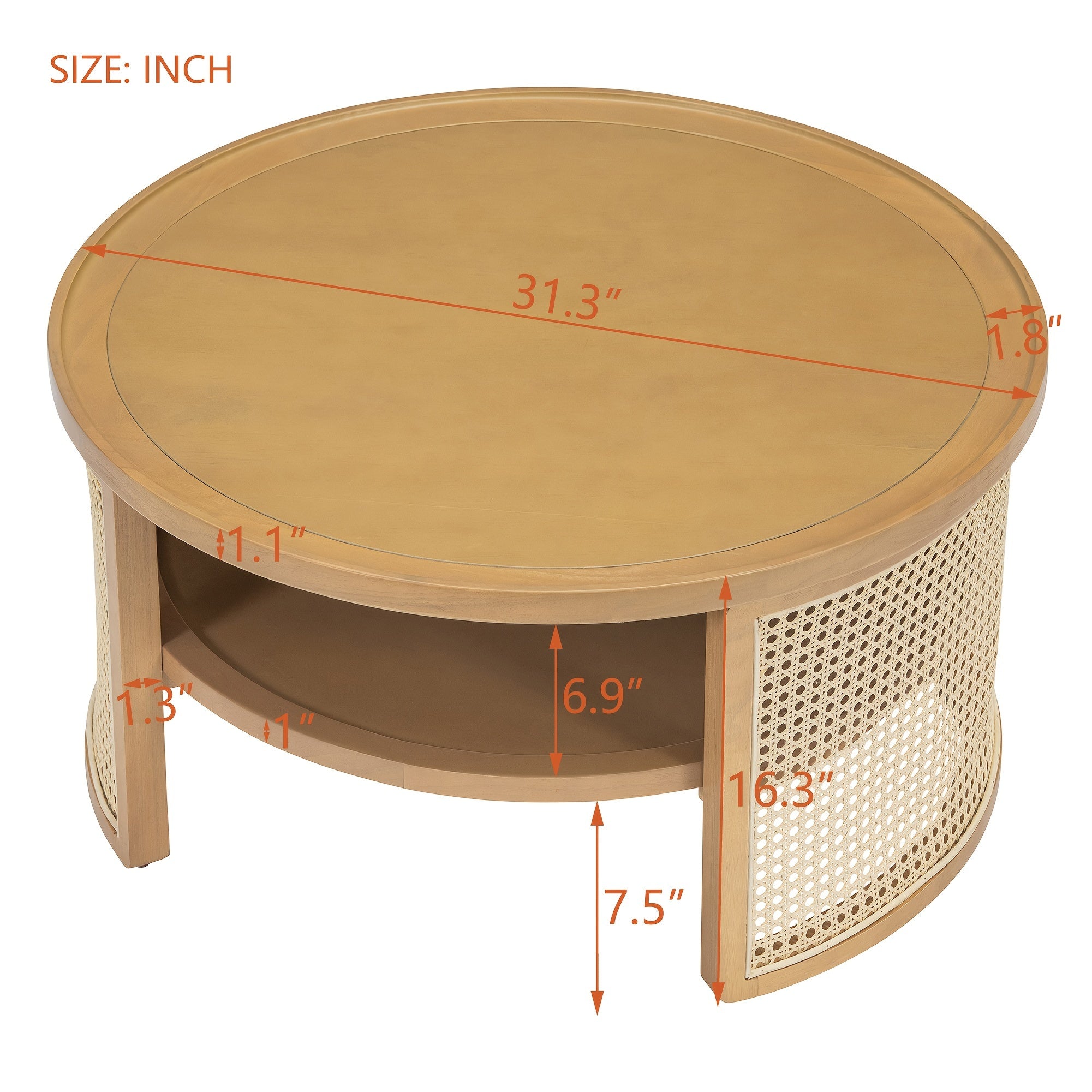 2-Tier Round Coffee Table With Storage - Natural Wood Top And Rattan Base, 31.3''