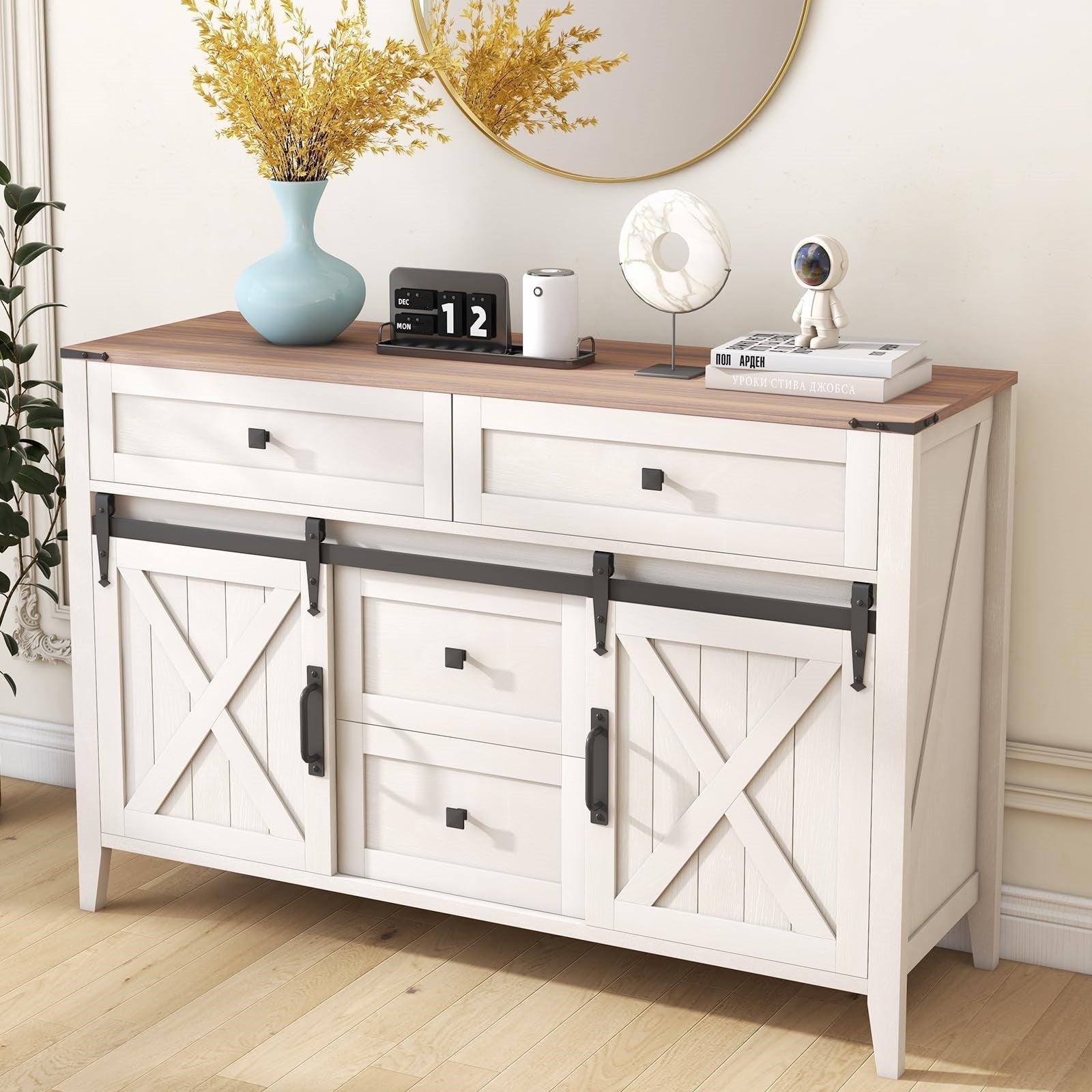 Farmhouse Dresser for Bedroom 47 Inch Sliding Barn Door Wood Texture Rustic Chest of Drawers 4 Drawers Dresser TV Stand