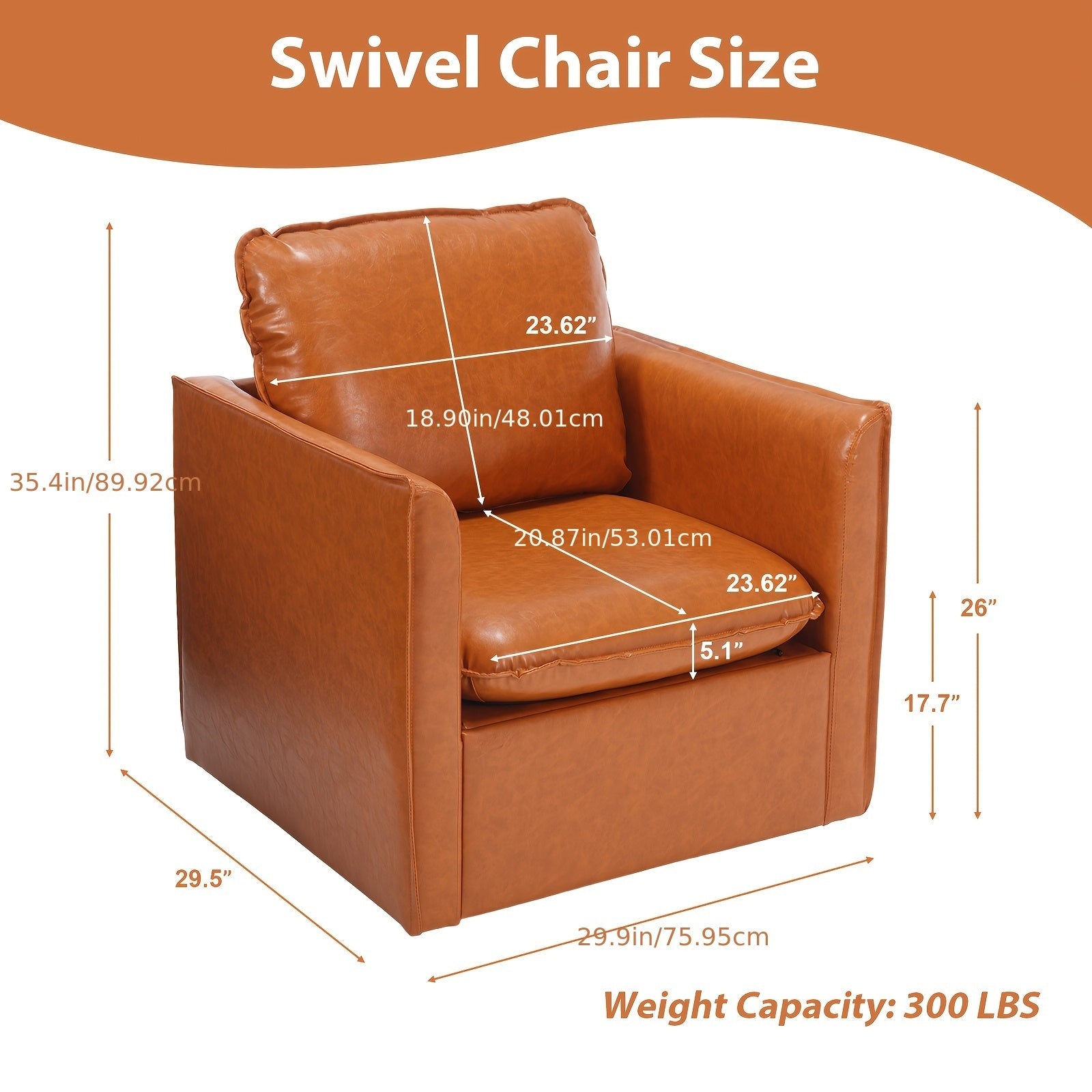 Home Relaxation Elegant Mid-Century Modern Brown Faux Leather Accent Chair with 360° Swivel Feature and Cozy Armrest Pillow - Easy to Clean, Non-Reclining, Perfect for Living Room, Bedroom, Office, or Lounge, Comfy Chair