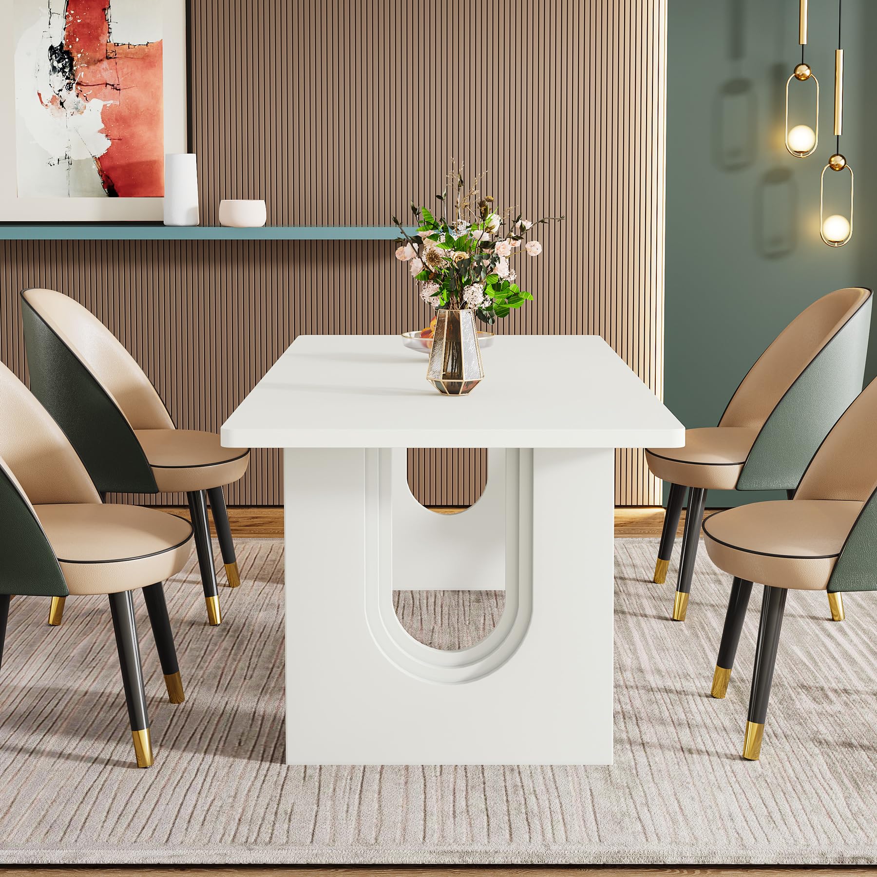 Modern Dining Table for 6 to 8 People, 180cm Large Kitchen Dining Table with Wood Pedestal Base, Rectangular Long Dinner Table for Kitchen, Dining Room, Living Room, White