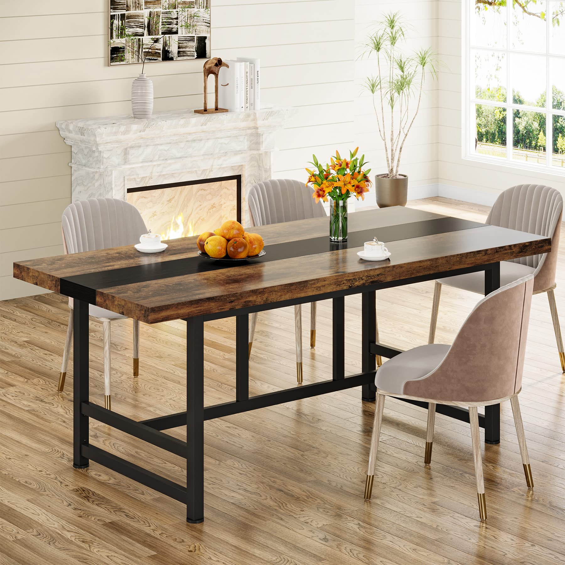 Dining Table for 6-8, 180cm Rustic Kitchen Table with Metal Frame, Wood Rectangular Dining Room Table, Large Dinner Table for Kitchen, Dining Room, Home (Dark Grey)