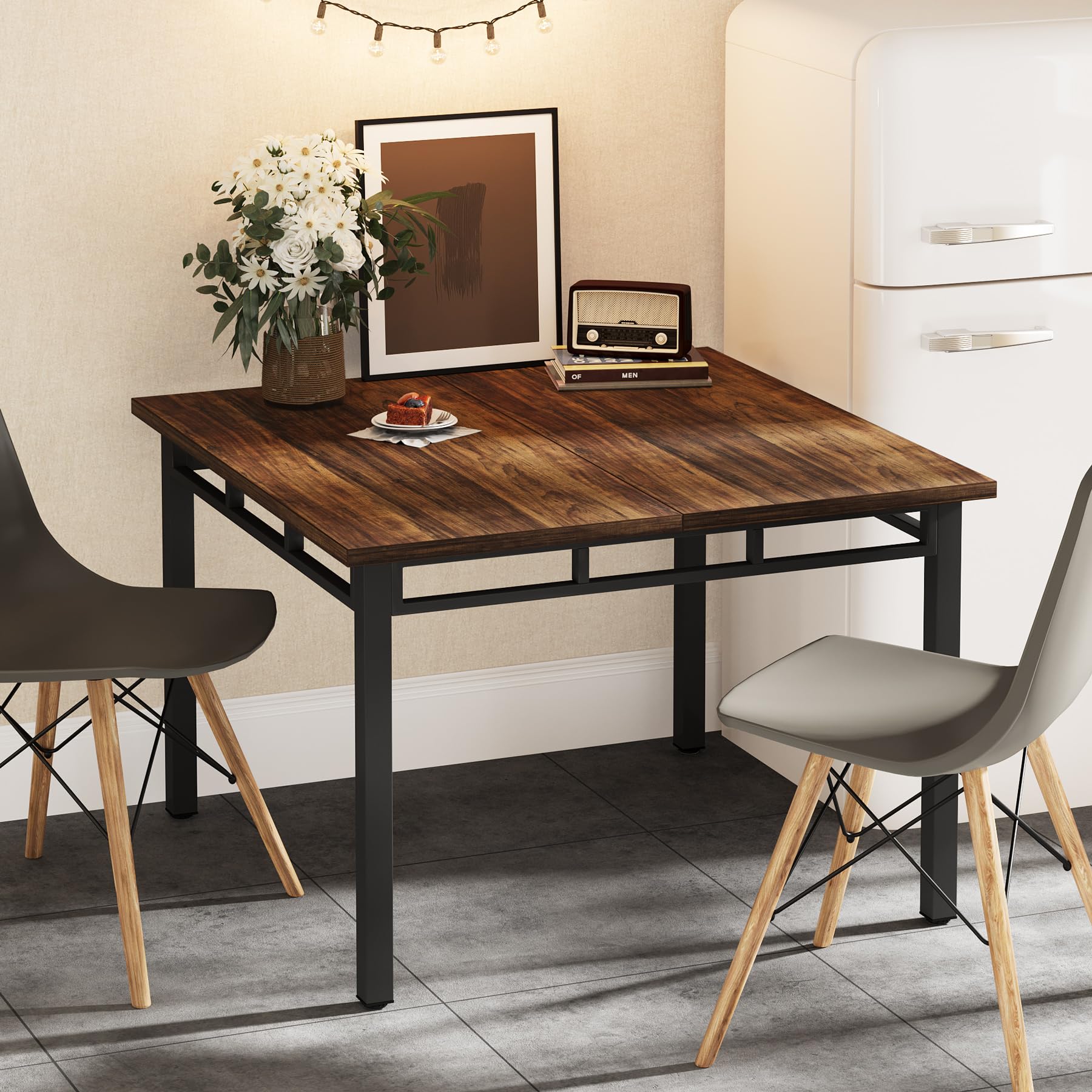 Square Dining Table Industrial Kitchen Table for 2-4 People, 99cm Small Dinner Table with Metal Legs Wood Tabletop for Dining Room Living Room Small Space, Black Rustic Brown(Only Table)