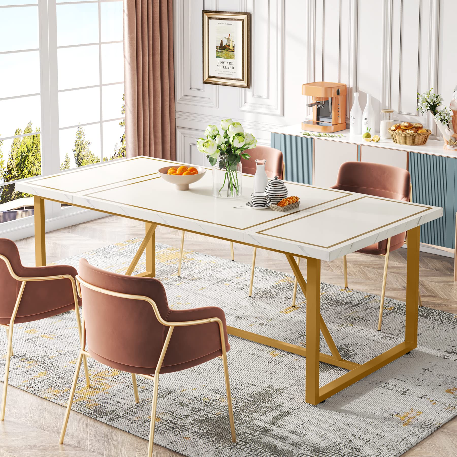 180cm Dining Table for 6 to 8, Modern Kitchen Table Dining Room Table, Rectangle White Dinner Table with Gold Meta Base for Kitchen, Living Room