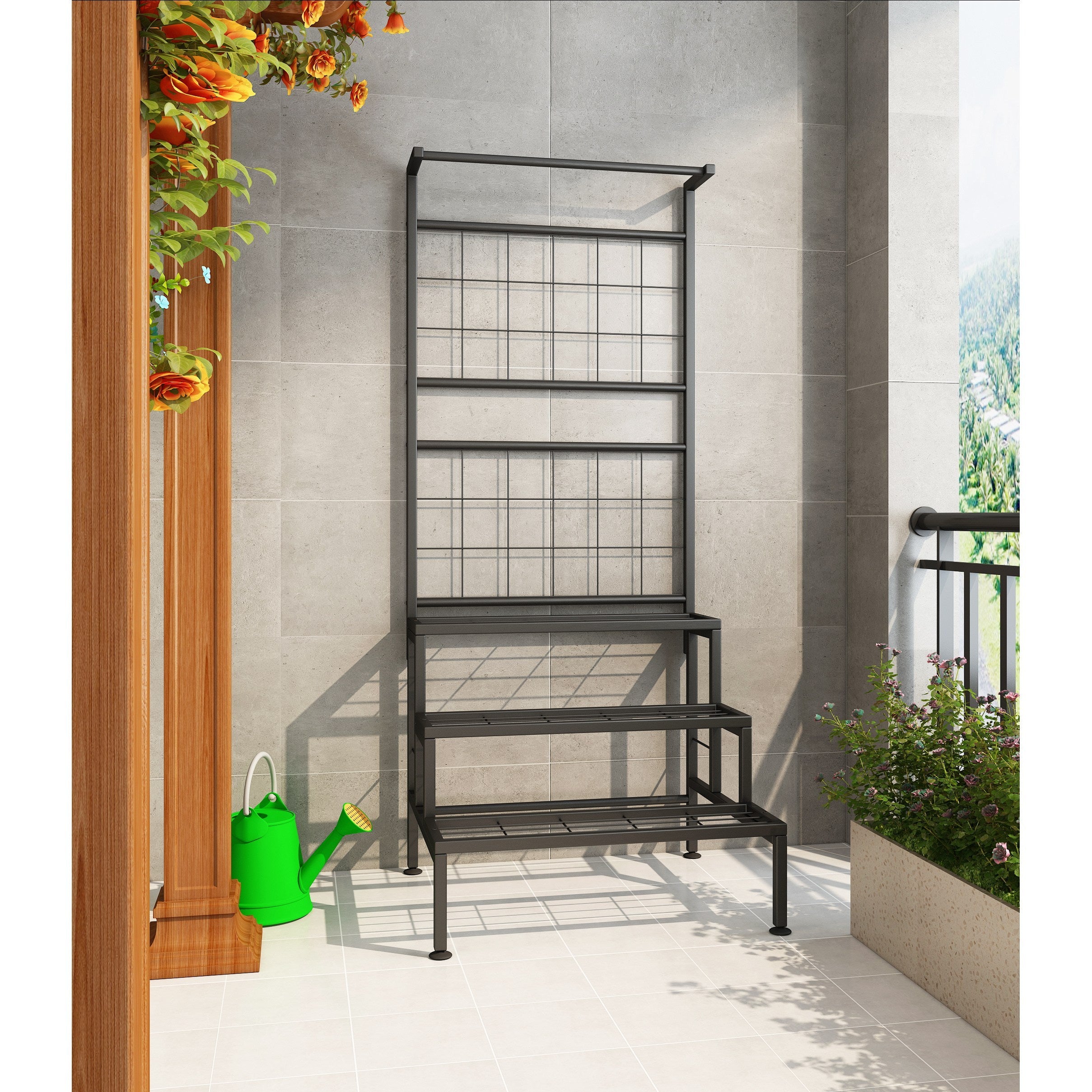 Plant Stand 3-Tier Hanging Shelves Flower Pot Organizer Multiple Flower Display Holder Indoor Outdoor Heavy Duty Potted Planter Rack Unit with Grid Panel for Living Room