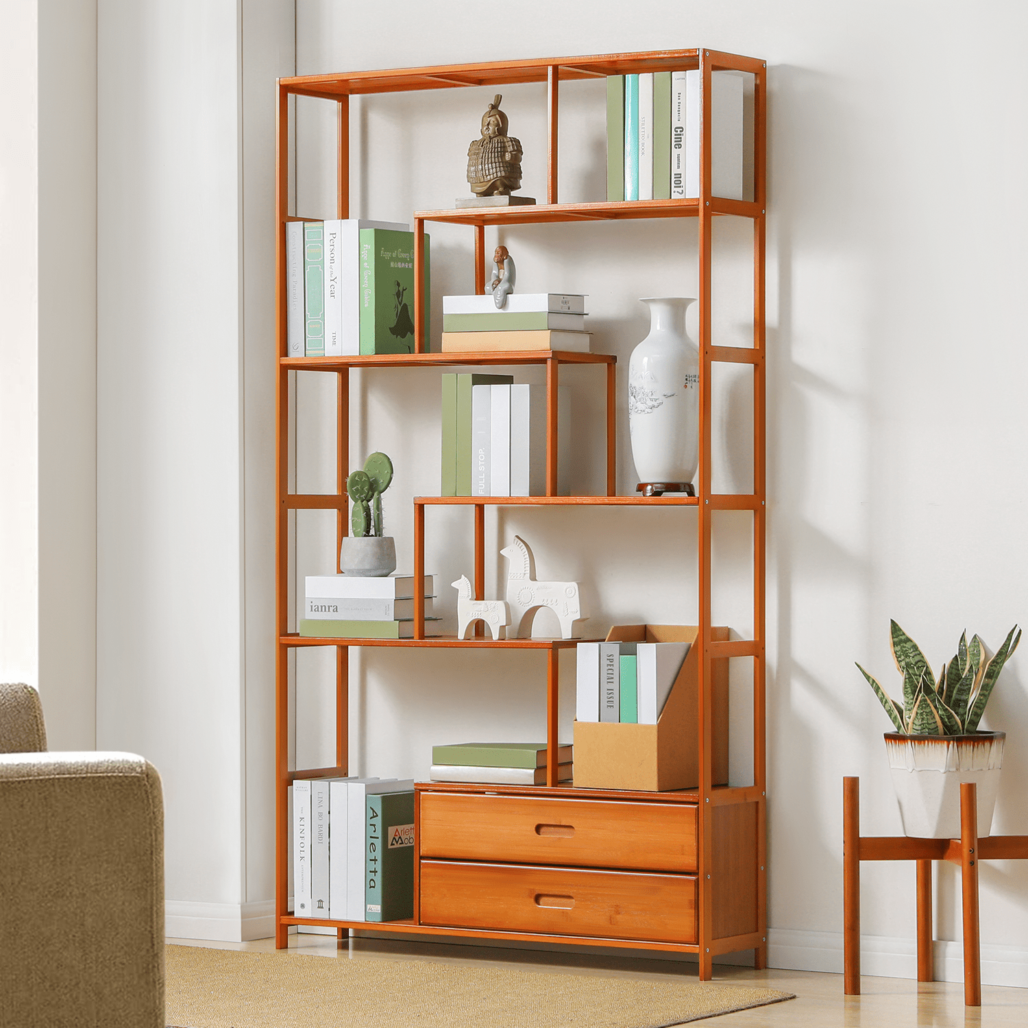 Magshion Bamboo 7 Tiers 2 Drawers Bookshelf Books Display Storage Bookcase Brown for Home - Brown - Bookshelf Westberry