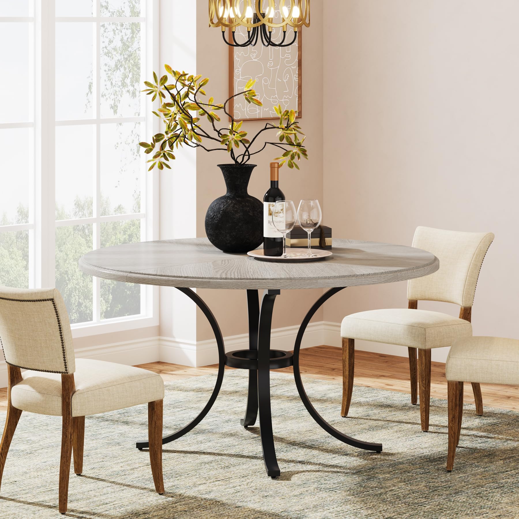120cm Round Dining Table for 4-6 People Farmhouse Kitchen Table with Wooden Texture Surface & Pedestal Round Table