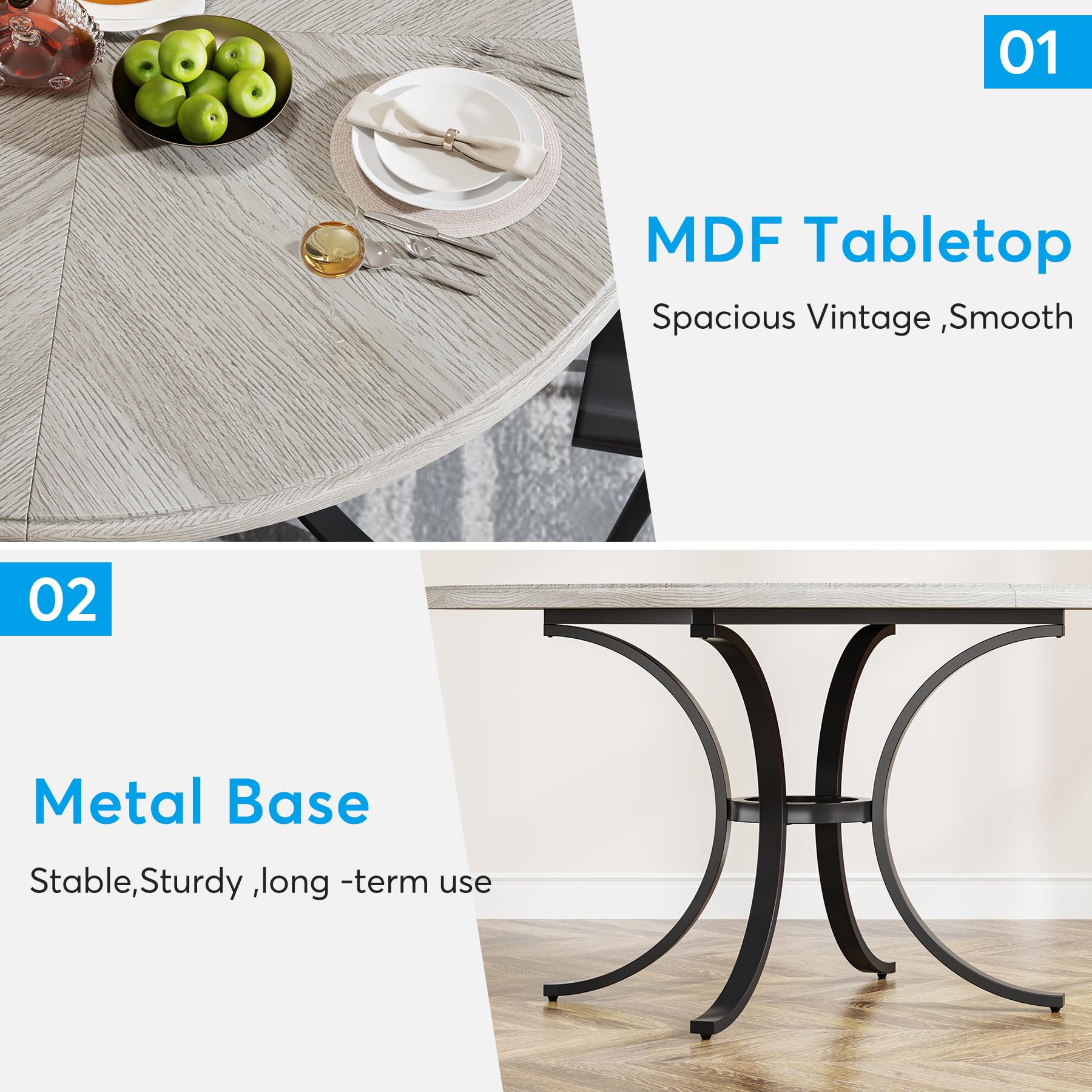 120cm Round Dining Table for 4-6 People Farmhouse Kitchen Table with Wooden Texture Surface & Pedestal Round Table