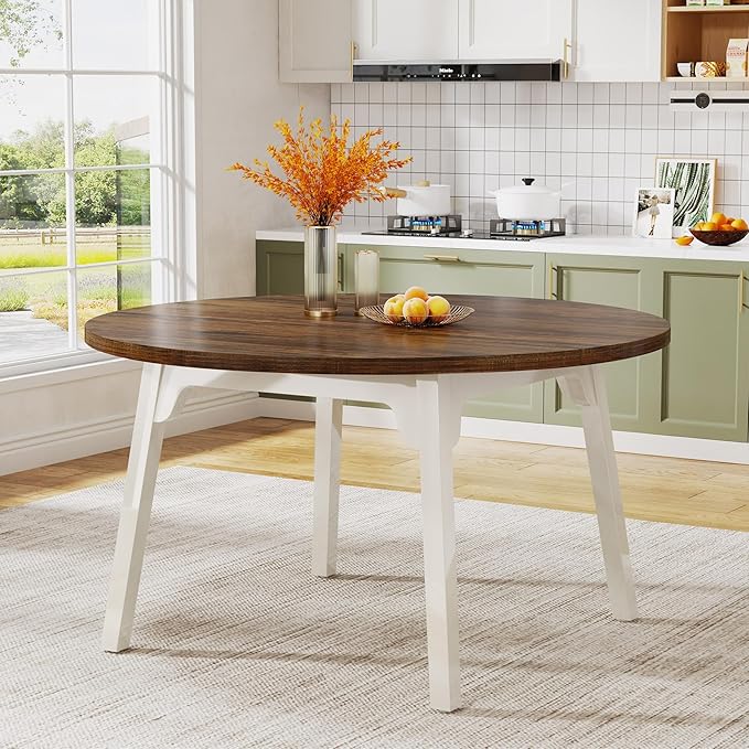 Round Dining Table for 4-6 People, 119cm Farmhouse Dinning Room Table Circle Kitchen Table, Industrial Dinner Table with Solid Wood Legs for Kitchen, Living Room, White and Rustic Brown