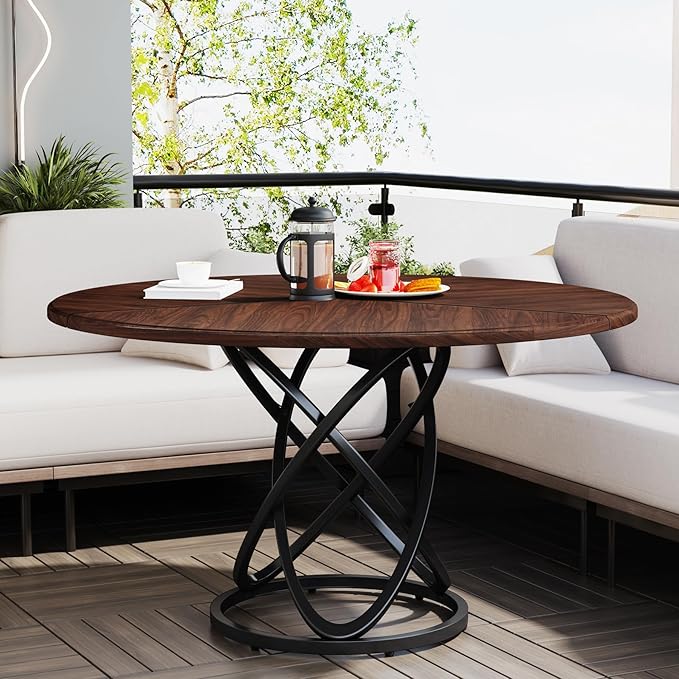 Round Dining Table for 4-6 People, 119cm Dinner Table Circle Kitchen Table with Metal Base, Wood Dining Room Table Cofee Table for Kitchen, Restaurant, Café, Walnut and Black