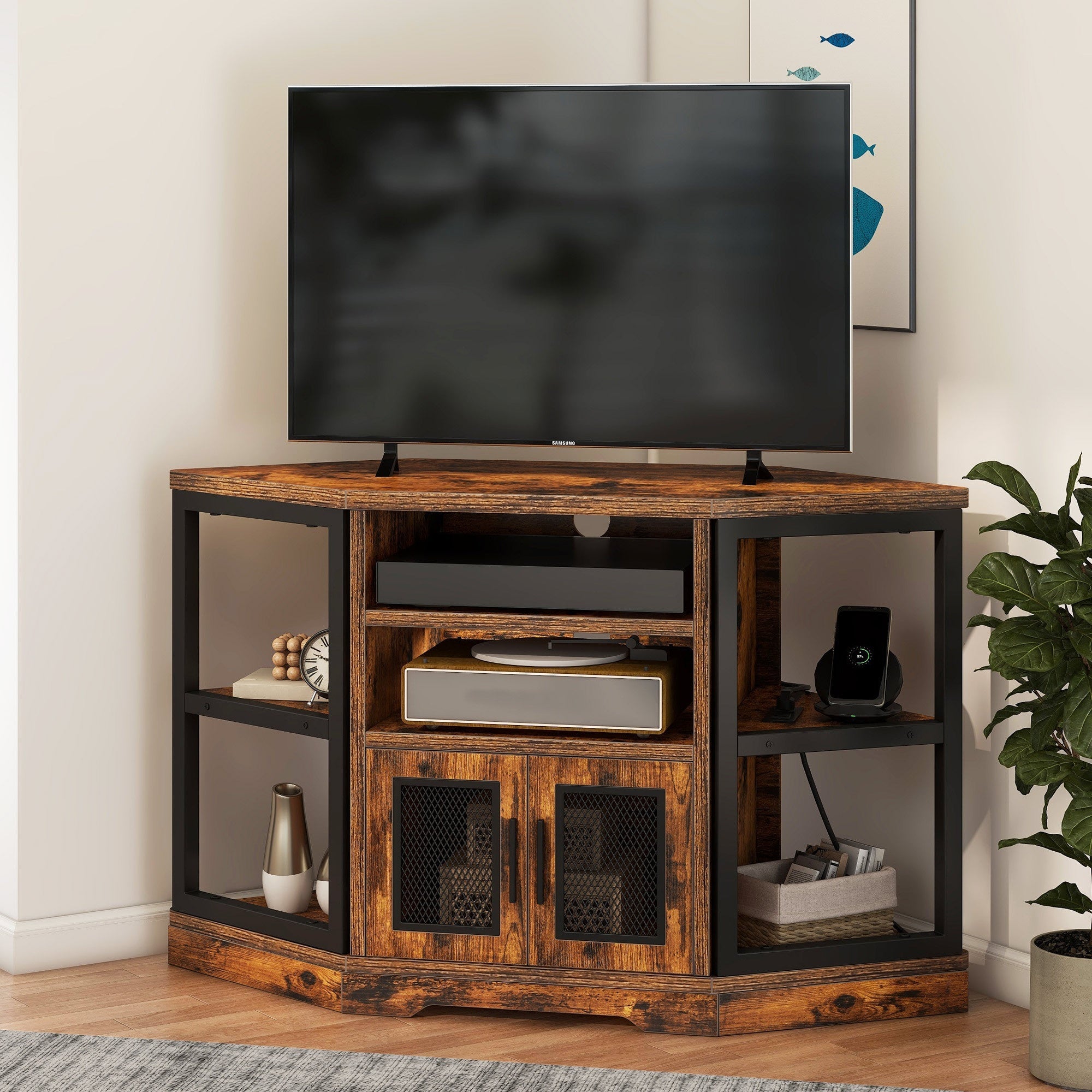 Rustic Corner Entertainment Center TV Stand with Power Outlets and Storage, Thanksgiving Christmas Halloween Day Gift