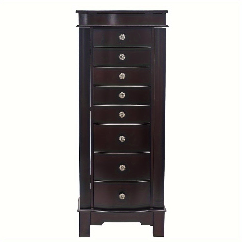 Jewelry Armoire With Mirror, 8 Drawers & 16 Necklace Hooks, 2 Side Swing Doors(Brown), Jewelry Armoires