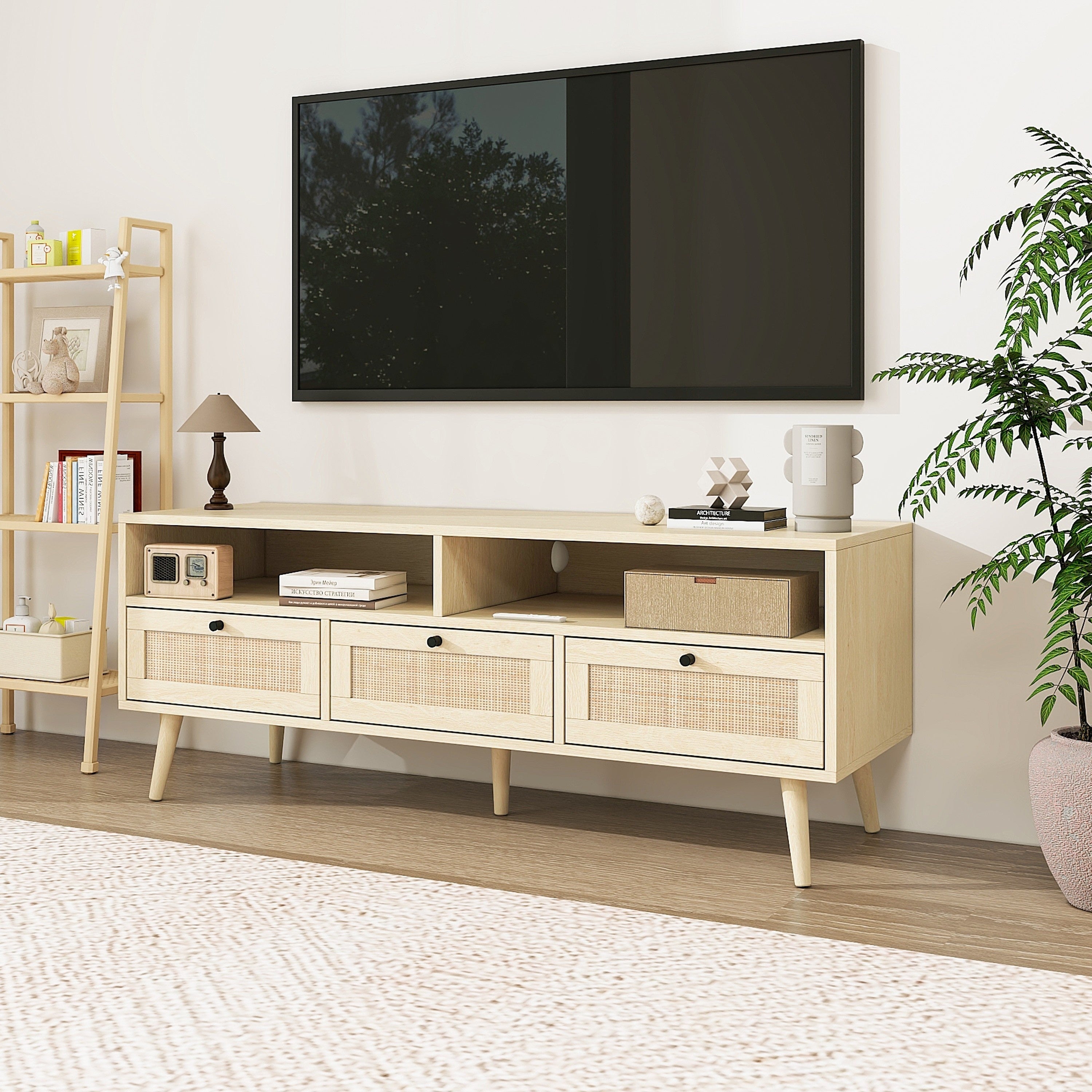 Rattan TV Stand with Solid Wood Feet, TV Console Table for Living Room