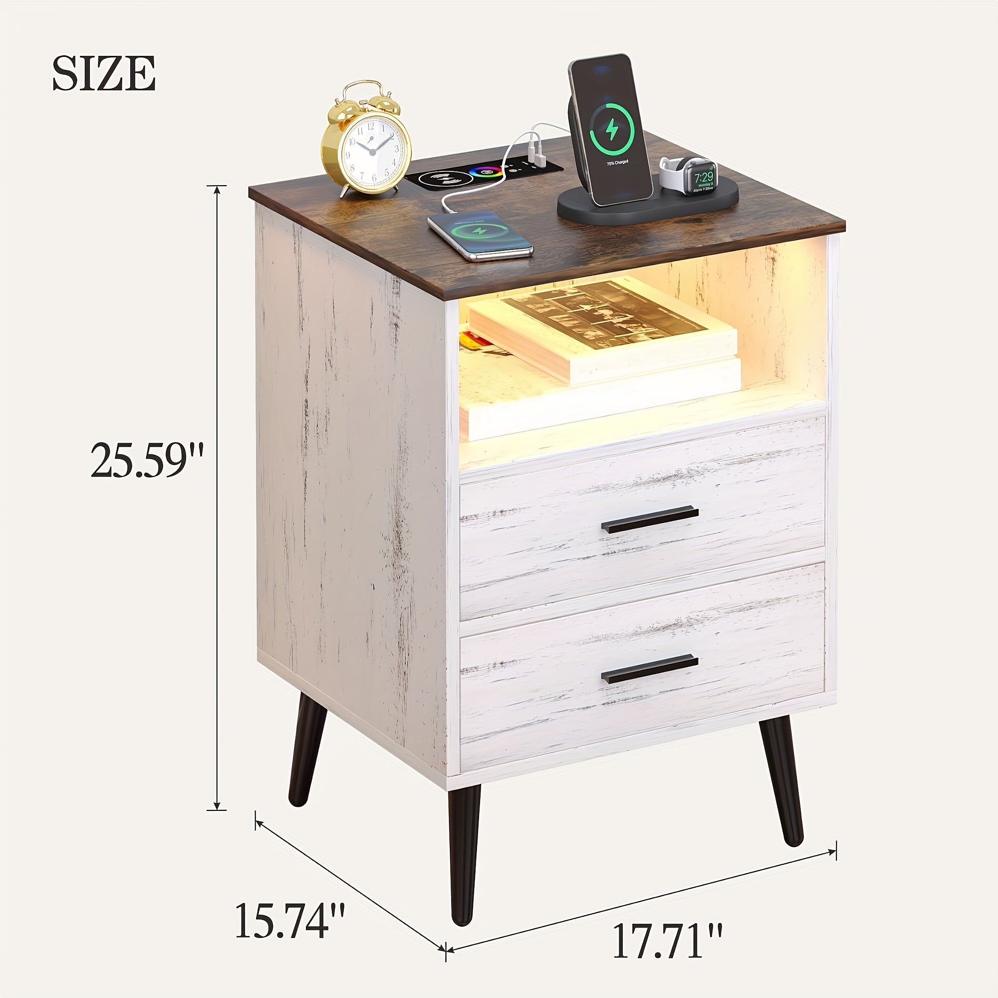 White Nightstand With Charging Station And LED Lights, Smart Night Stand Wood With 2 Drawers And Open Storage, Bedside Table, End Table For Bedroom Living Room