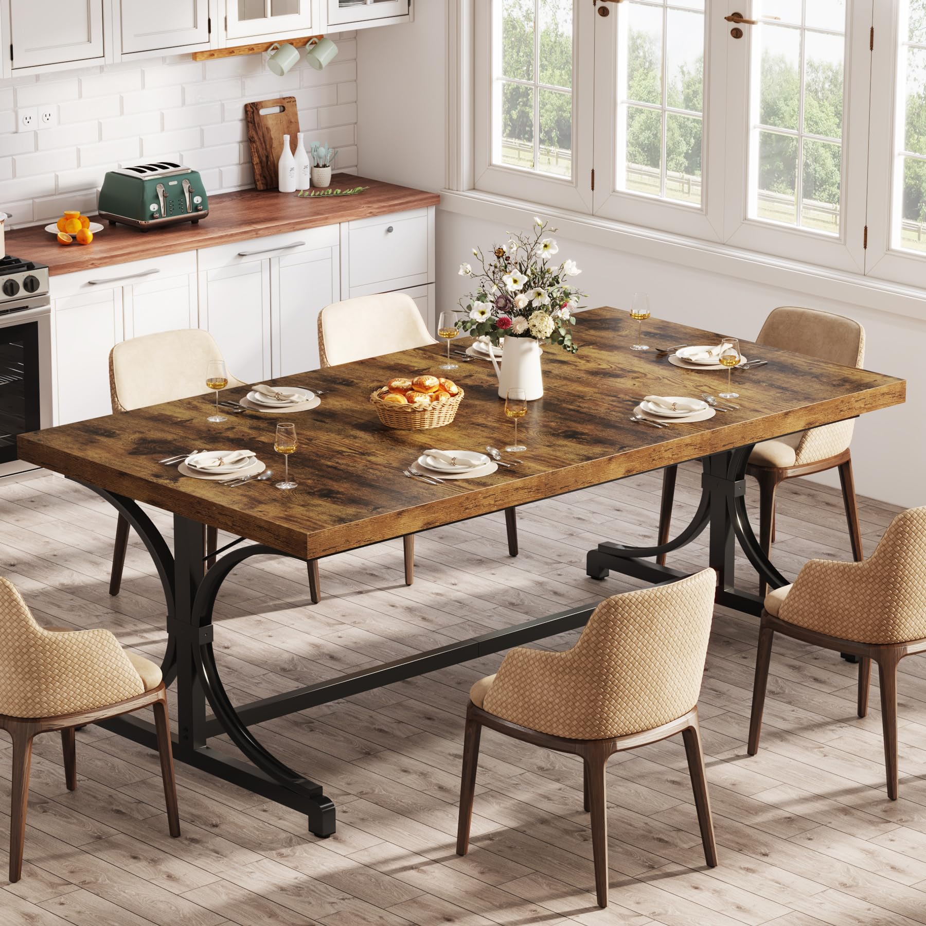 Dining Table for 4-6 People, 160cm Rectangle Kitchen Table with Heavy Duty Metal Frame, Industrial Wood Dining Table for Kitchen, Living Room (Rustic Brown & Black, Only Table)