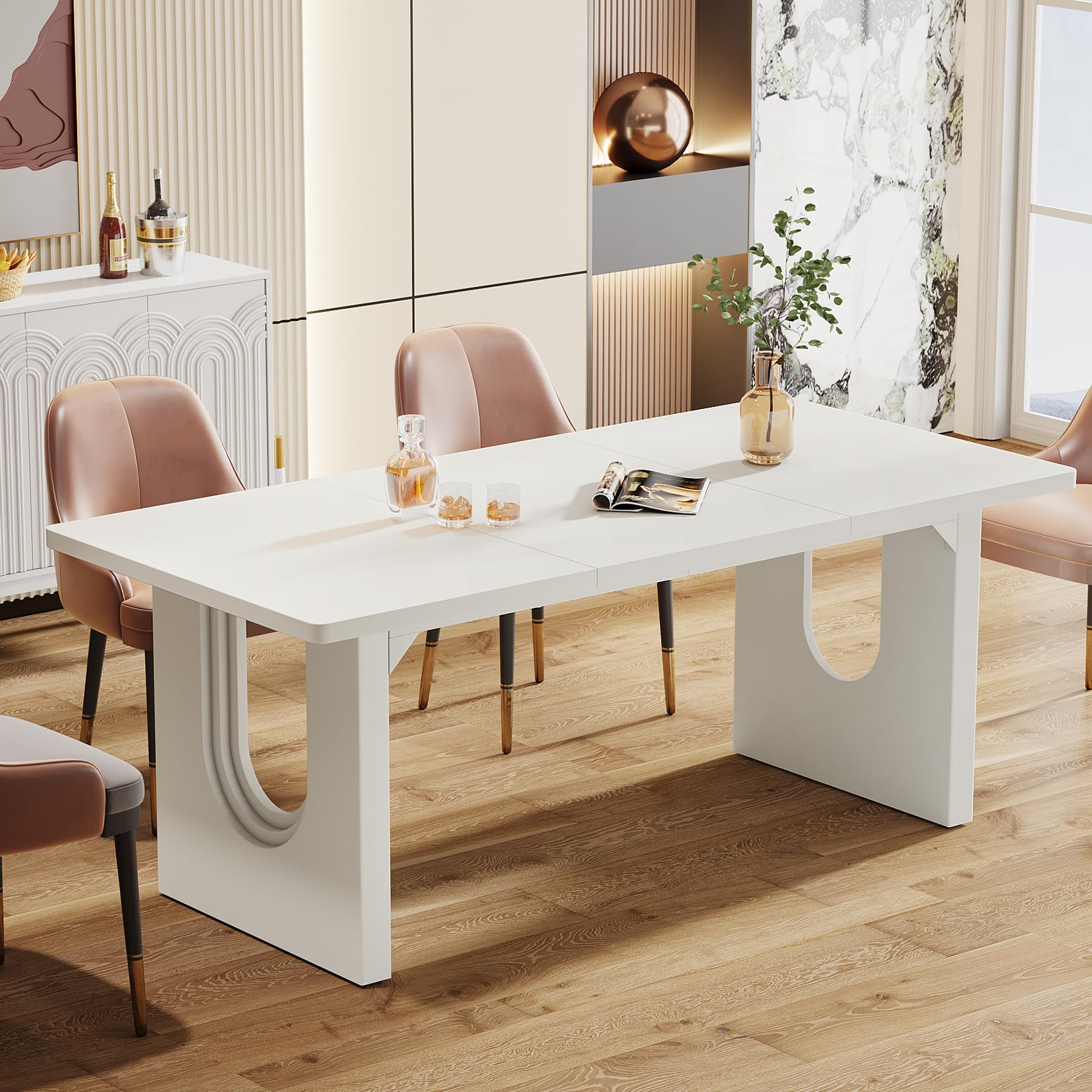 Modern Dining Table for 6 to 8 People, 180cm Large Kitchen Dining Table with Wood Pedestal Base, Rectangular Long Dinner Table for Kitchen, Dining Room, Living Room, White