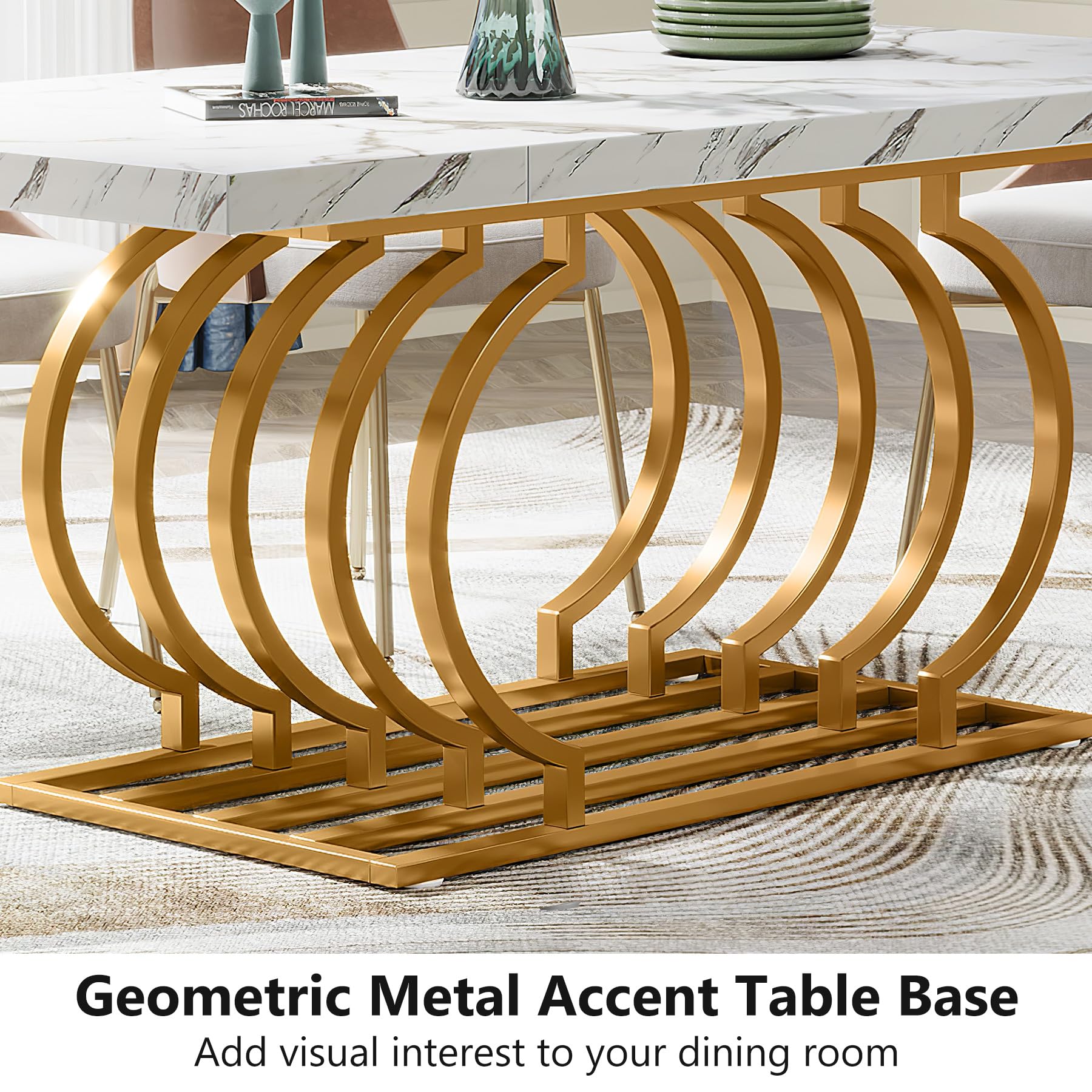 Modern Dining Table, 160cm Faux Marble Wood Kitchen Table for 6 People, Rectangular Dinner Room Table with Geometric Frame for Kitchen, Dining Room, White Gold