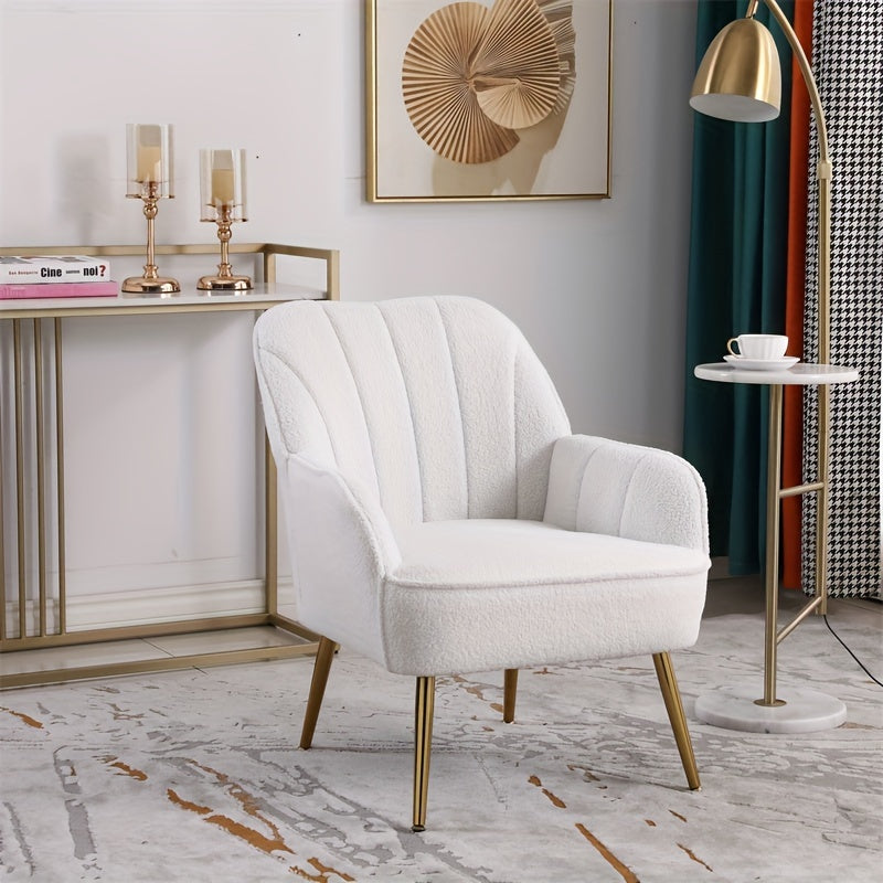 Modern Soft White Teddy Fabric Ivory Ergonomics Accent Chair Living Room Chair Bedroom Chair Home Chair With Gold Legs And Adjustable Legs For Indoor Home