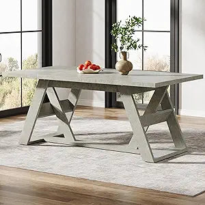 180cm Dining Table, Farmhouse Kitchen Dining Room Table for 6-8 People, Wood Kitchen Table Dinner Table with Double X-Shaped Base for Dining Room, Gray